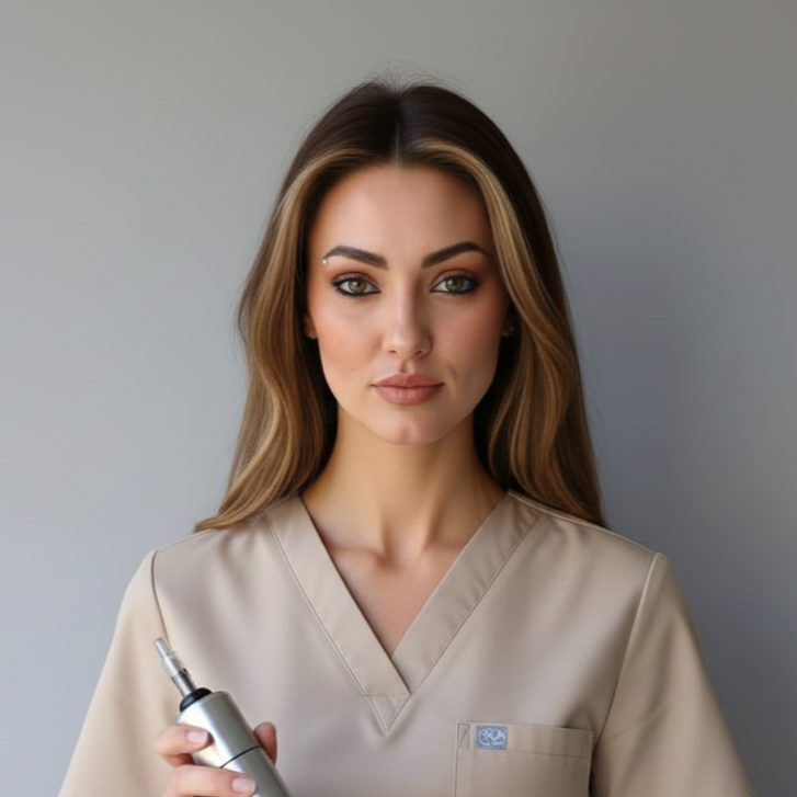 Woman with long brown hair, wearing beige medical scrubs, holding a black and silver oral tool, standing against a plain light gray background.