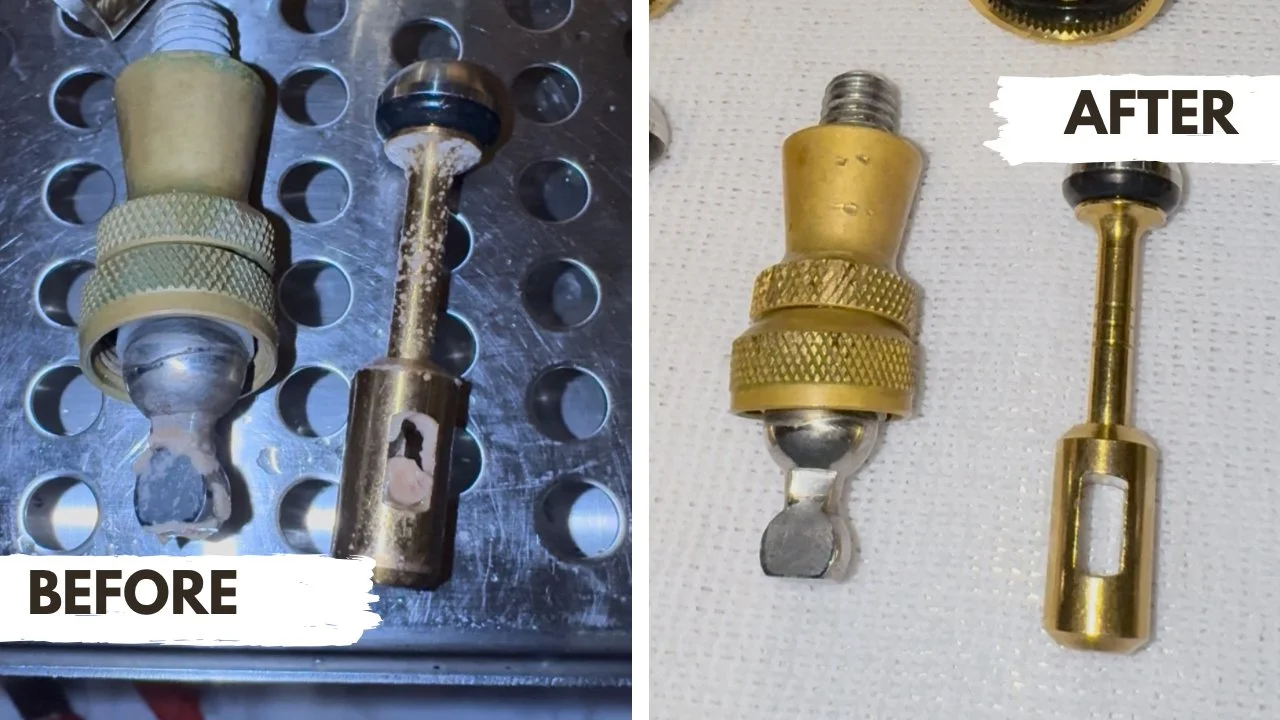 Comparison of a worn-out metal valve on the left and a new valve on the right, with the word 'BEFORE' under the old valve and the word 'AFTER' next to the new valve.