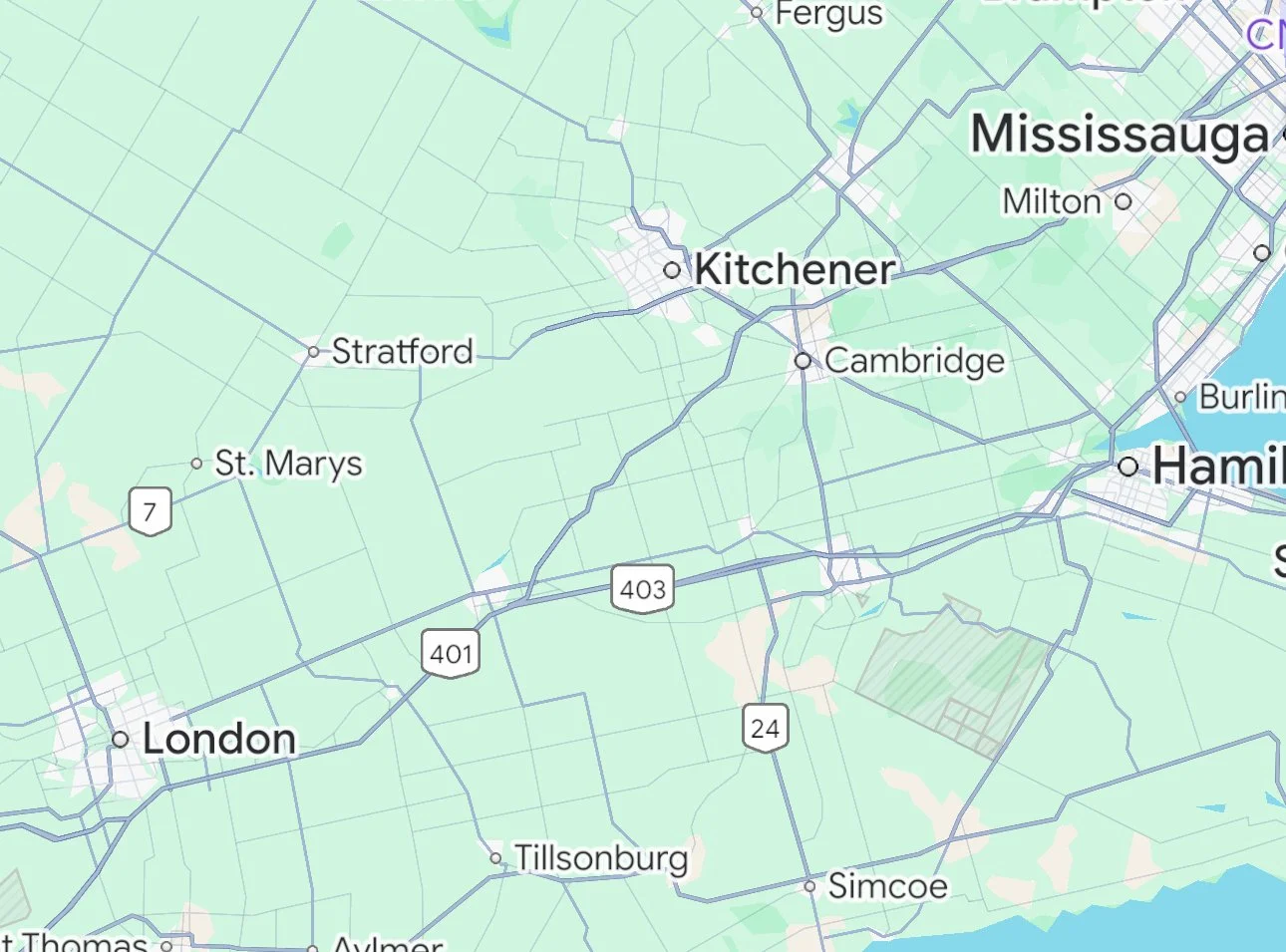 Map showing cities in Ontario, Canada including London, Stratford, St. Marys, Kitchener, Cambridge, Mississauga, Hamilton, and surrounding areas with highway numbers 7, 401, 403, and 24.