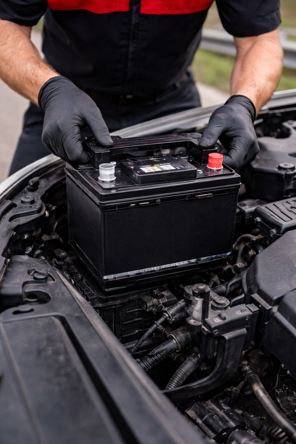 Person wearing black gloves checking or replacing a car battery under the hood of a vehicle.