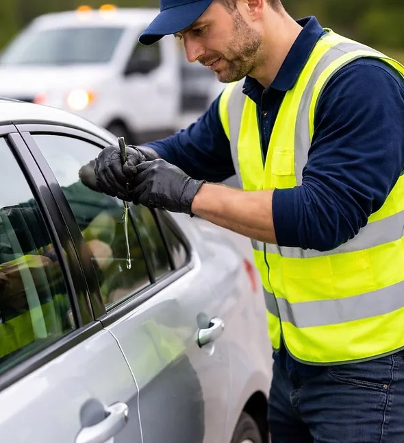 A man in a yellow safety vest and gloves is taking a car key from a gray car, with cars and trees in the background.