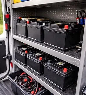 Multiple large black automotive batteries stored on metal shelves inside a vehicle or storage unit.