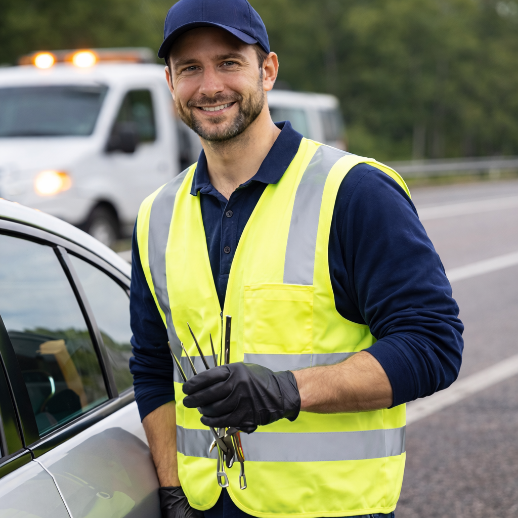 A smiling man wearing a yellow safety vest, a navy blue cap, and black gloves standing beside a car on the side of a highway, holding some jumper cables.