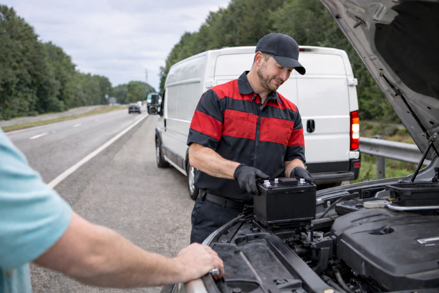A man in a red and black mechanic uniform and black gloves checking a car battery on the roadside during the daytime, with a white van behind him and a highway extending into the distance.