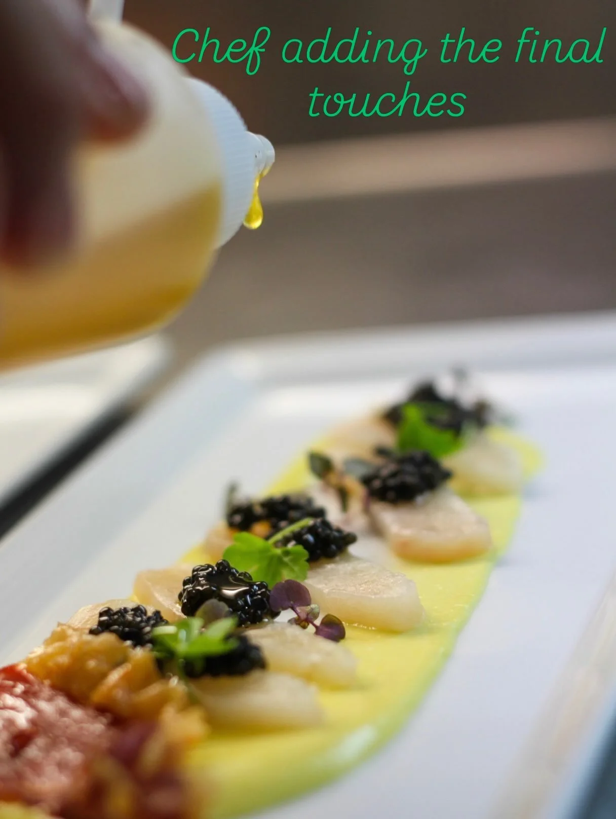 Kingfish elderflower, caviar, sweet corn, prosciutto @seasalt_event_catering