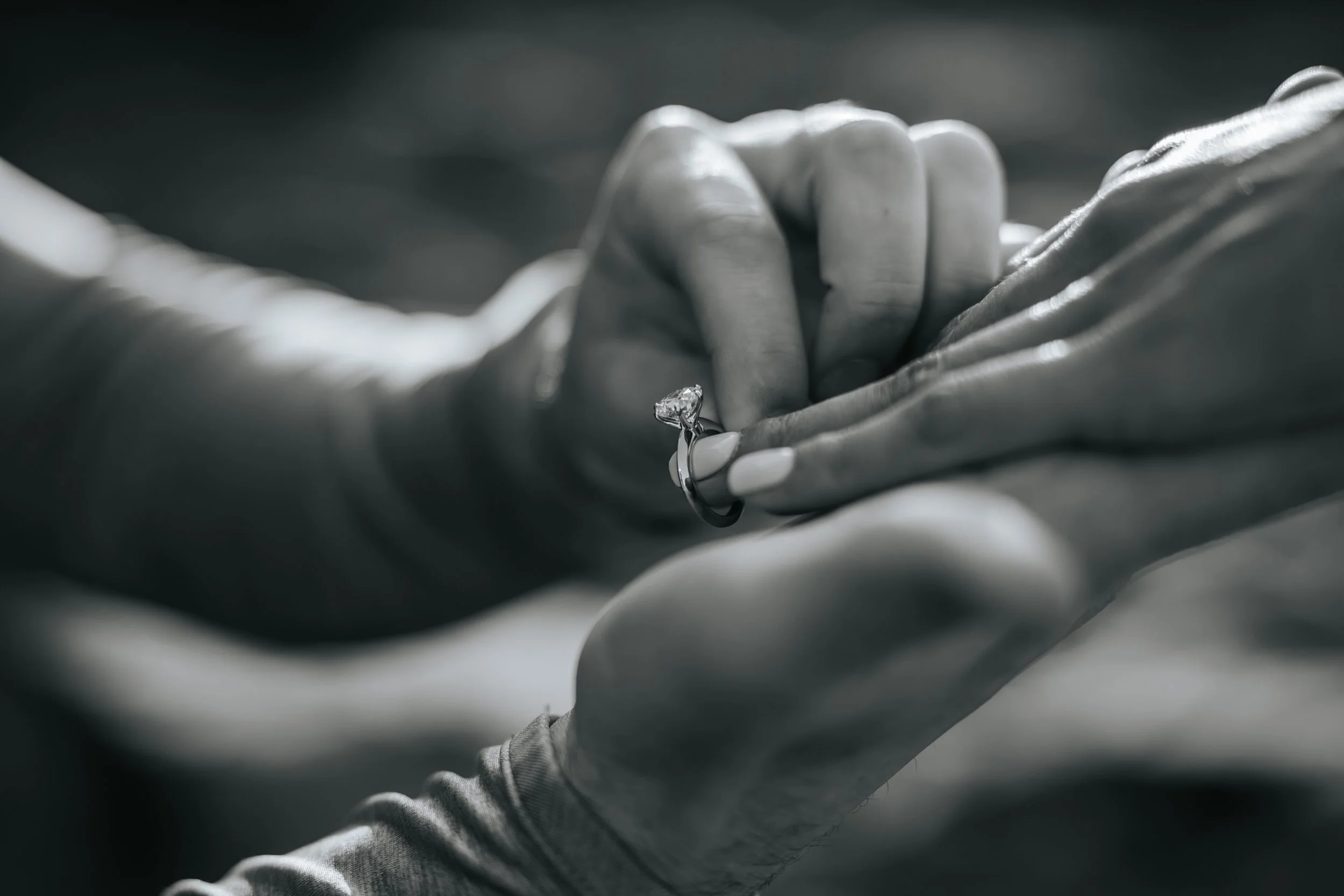 Engagement ring detail photography in black and white by Tex Kelly Productions - Northern California proposal photographer captures intimate moment in Humboldt County