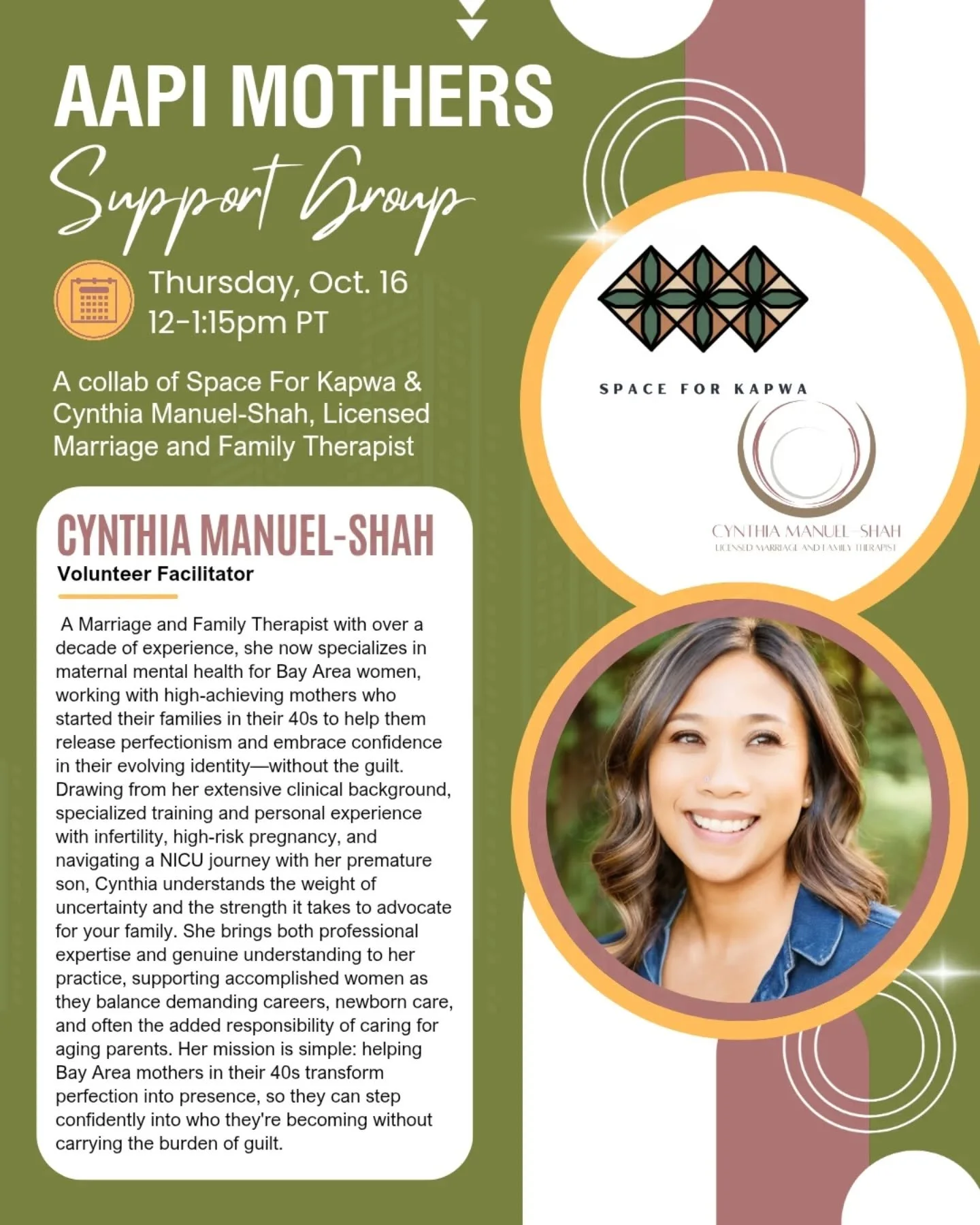 Our next virtual AAPI Mothers Support Group is this Thursday, Oct 16, 12-1:15pm PT!

This meeting will be Perinatal-Centered, meaning we will center our discussion on mothers-to-be and postpartum mothers, i.e. those with children approximately 1 year