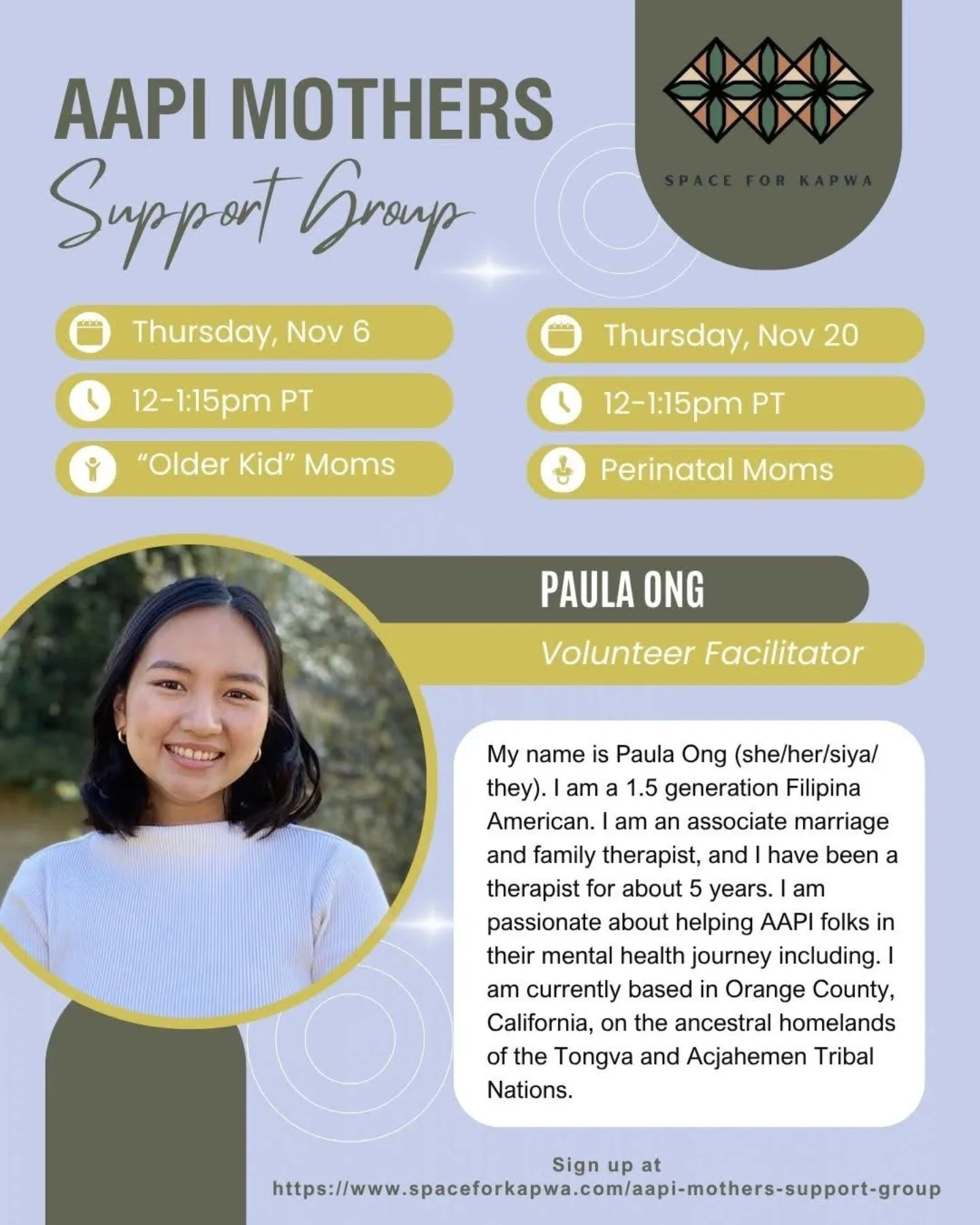 Are you an AAPI mother or femme-identified parent who's been feeling the weight and intensity of parenting, holidays, and taking care in our collectively volatile world? 

We invite you to take a moment for yourself and be among others who get you 🫂