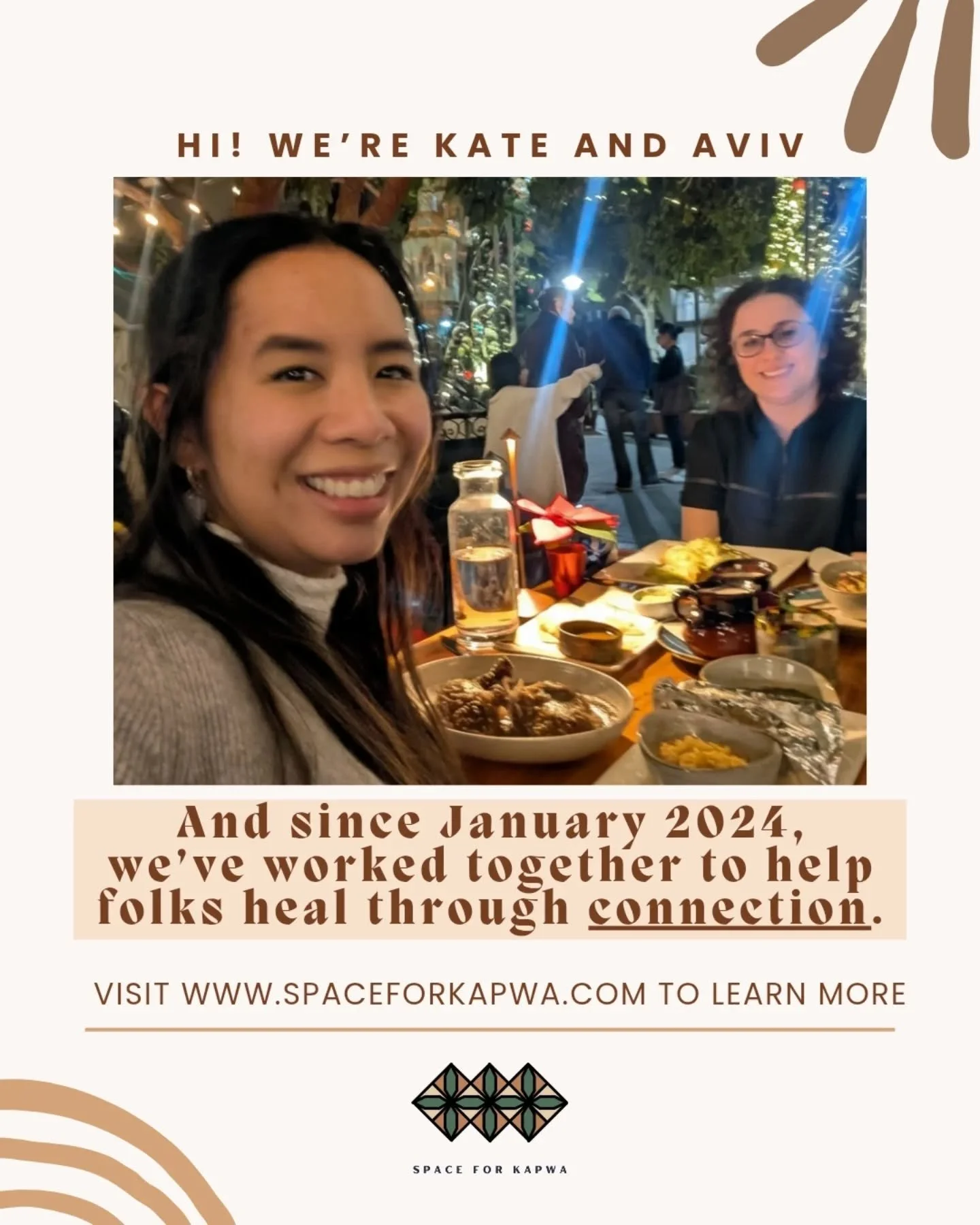 Today we celebrate our therapists Kate Viernes and "Aviv" Emma Rouda making it out of the virtual workspace to share a meal during last month's holiday season, and Space For Kapwa's two-year anniversary this month!

Fun fact: Aviv and Kate 