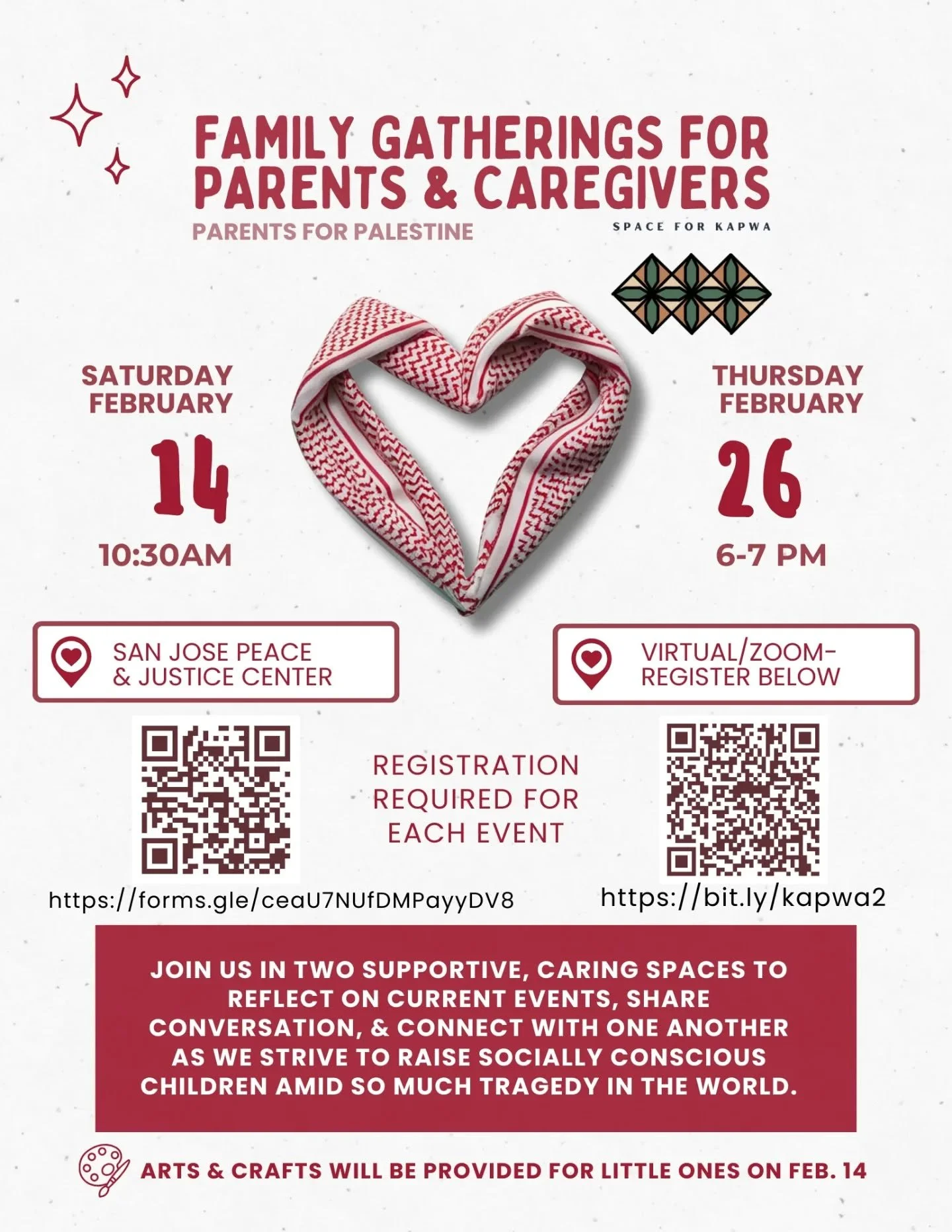 📢🫂✊🏽 Come hang out with other socially-conscious parents and caregivers at one of our two family gatherings in February 2026!

SATURDAY FEB 14 | 10AM: SAN JOSE PEACE &amp; JUSTICE CENTER (San Jose, CA)
A combination of free and facilitated space w