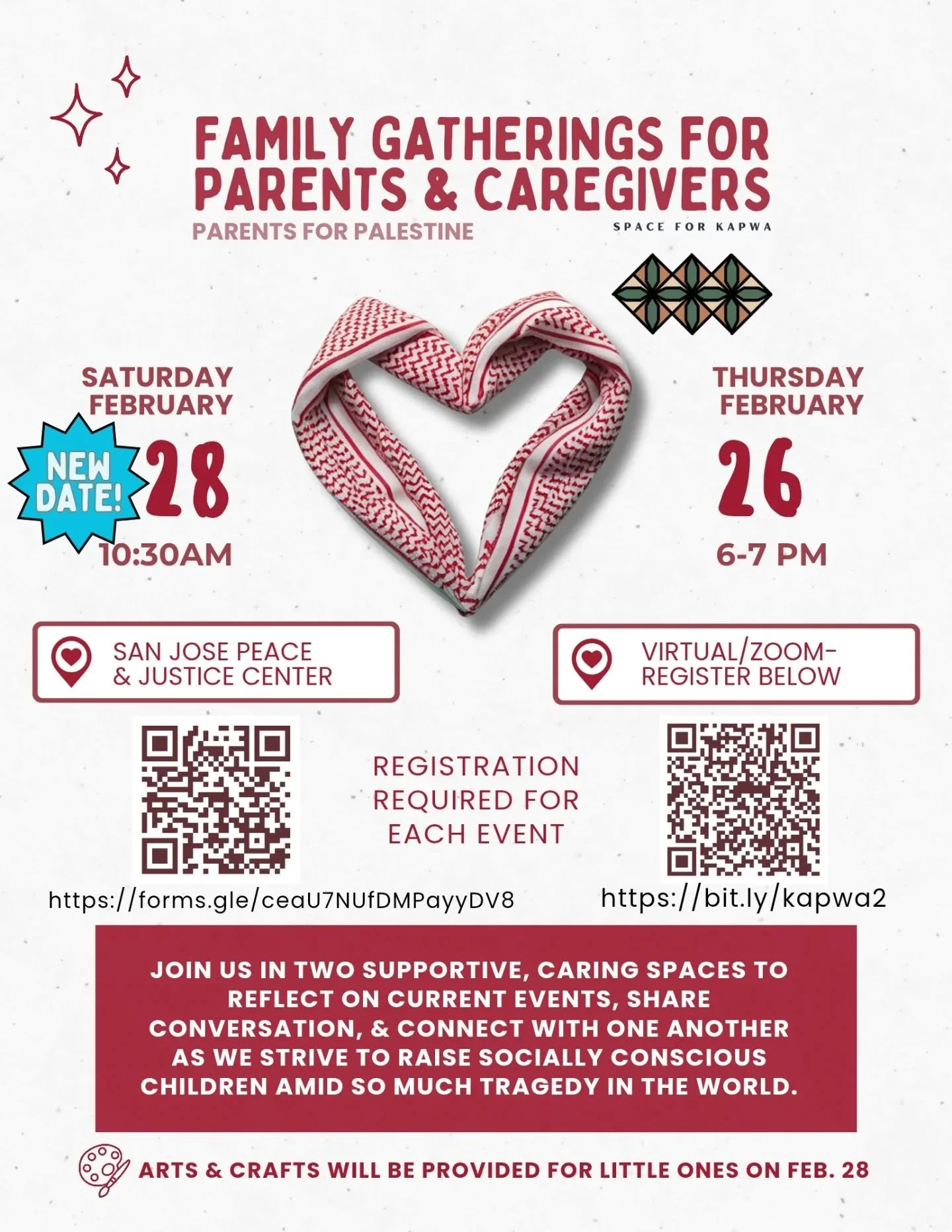 📢📆 NEW DATE AND TIME IN PERSON: SATURDAY FEB 28

🫂✊🏽 Come hang out with other socially-conscious parents and caregivers at one of our two family gatherings in February 2026!

1️⃣
THURSDAY FEB 26 | 6-7PM: VIRTUAL (ZOOM)
Jenna and Kate will facilit