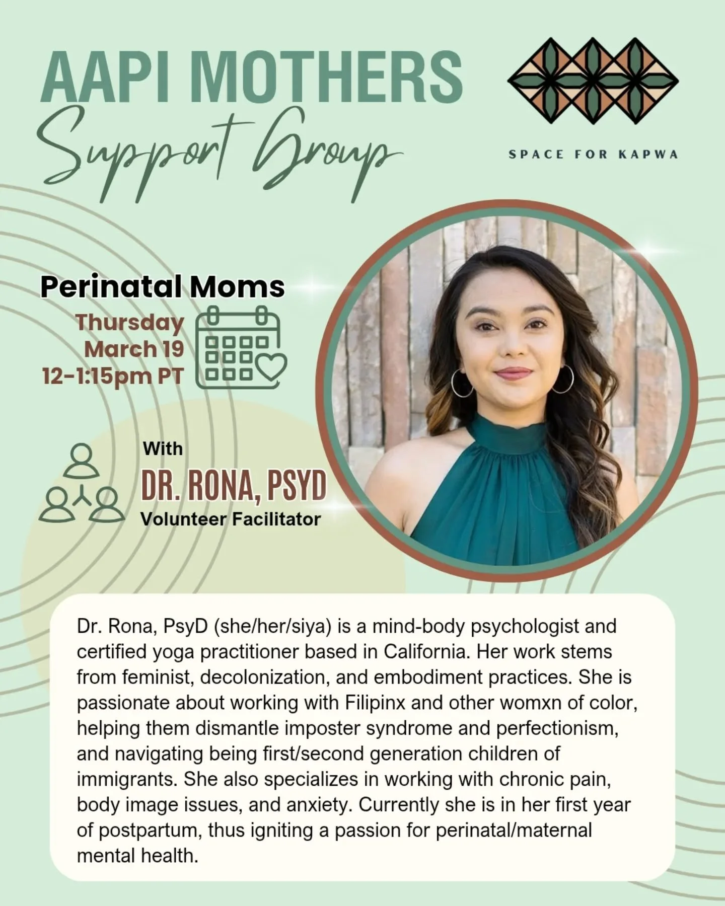 Join @dr.rona.psyd as she guest facilitates our perinatal-focused AAPI Mothers Support Group tomorrow, Thu. 3/19, 12-1:15pm PT!

Want to check it out for the first time? Get the Google Meet link by signing up at  spaceforkapwa.com/aapi-mothers-suppor
