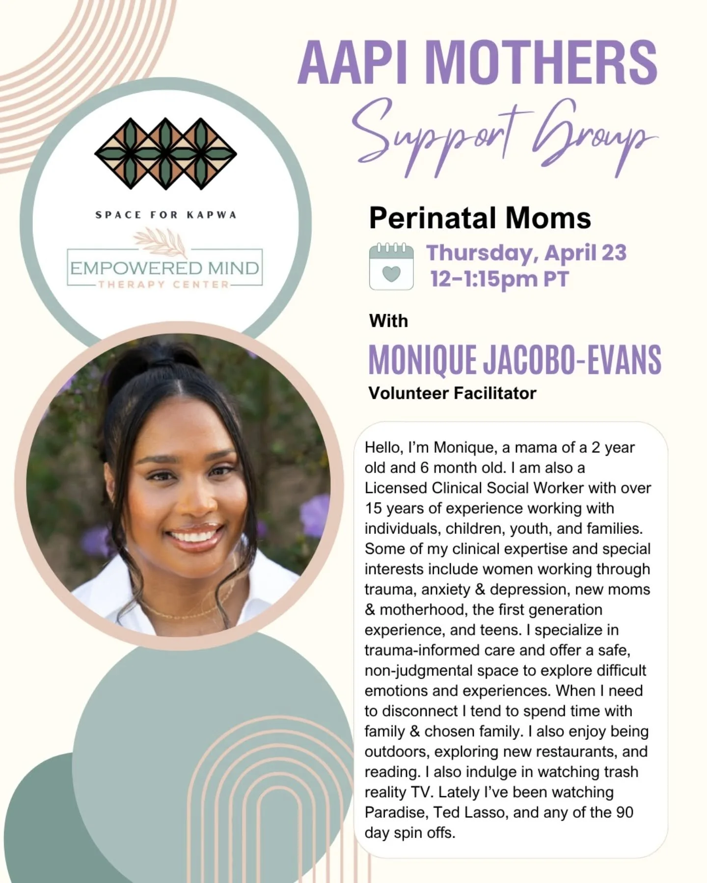 Space For Kapwa&rsquo;s donation-based collective care offering, AAPI Mothers Support Group, returns this Thursday April 23rd centering pregnant, postpartum, and perinatal moms. AAPI-identified moms at all stages are welcome to join any of our sessio