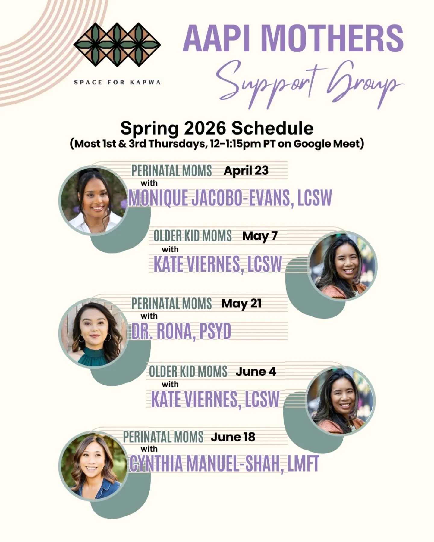 We've intentionally created AAPI Mothers Support Group as a space where collective care is put into action: group participants gather to uplift one another through their mutual support, and our team of trained volunteers rotate facilitation duties to