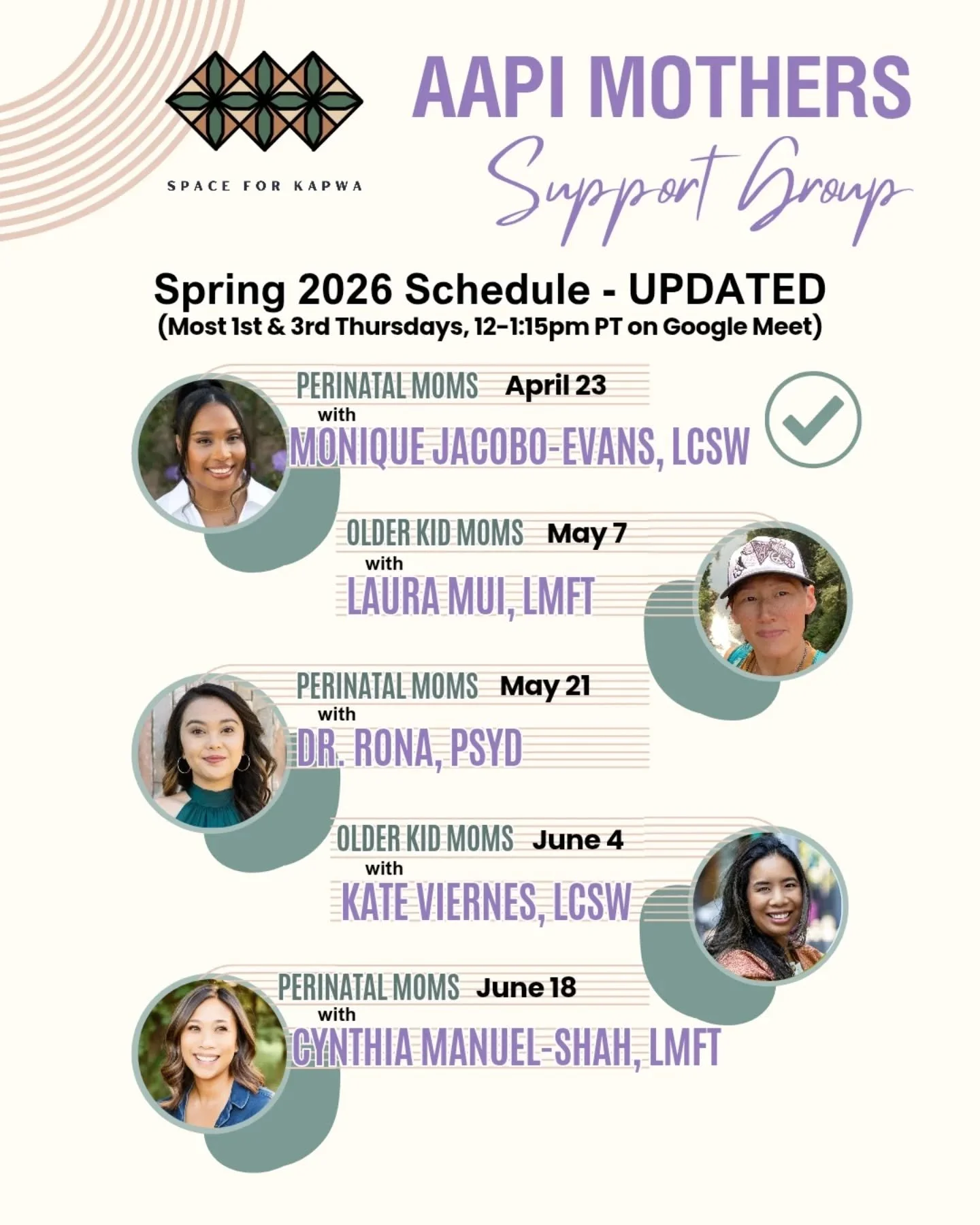 Happy AAPI History and Mental Health Awareness Months! Find our work and communities at the intersections of both of these celebrations 🎉

The AAPI Mothers Support Group facilitator schedule has been updated! Join the older-kid mom crowd (even if yo