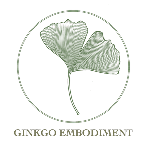 A logo featuring a stylized ginkgo leaf in a circular outline, with the text 'GINKGO EMBODIMENT' below.