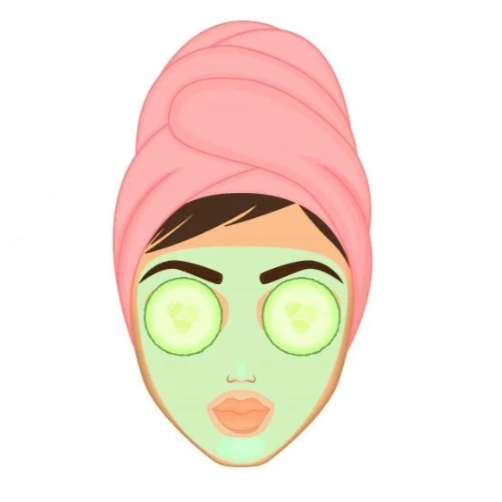JOHWA Skin logo of a woman with a pink towel wrapped around her head, green facial mask, cucumbers on her eyes, dark eyebrows, and lips.