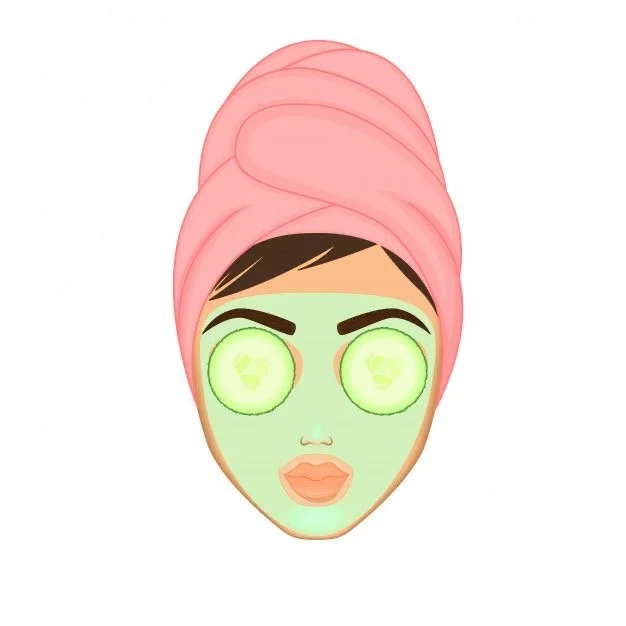 JOHWA Skin Logo, client with a pink towel wrapped around head, green face mask with cucumbers on eyes