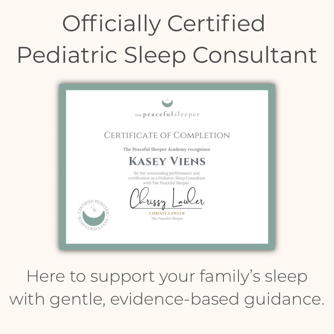 Certificate of completion for Kasey Viens as a Pediatric Sleep Consultant from the Peaceful Sleeper Academy with a signature by Chrissy Lawler.