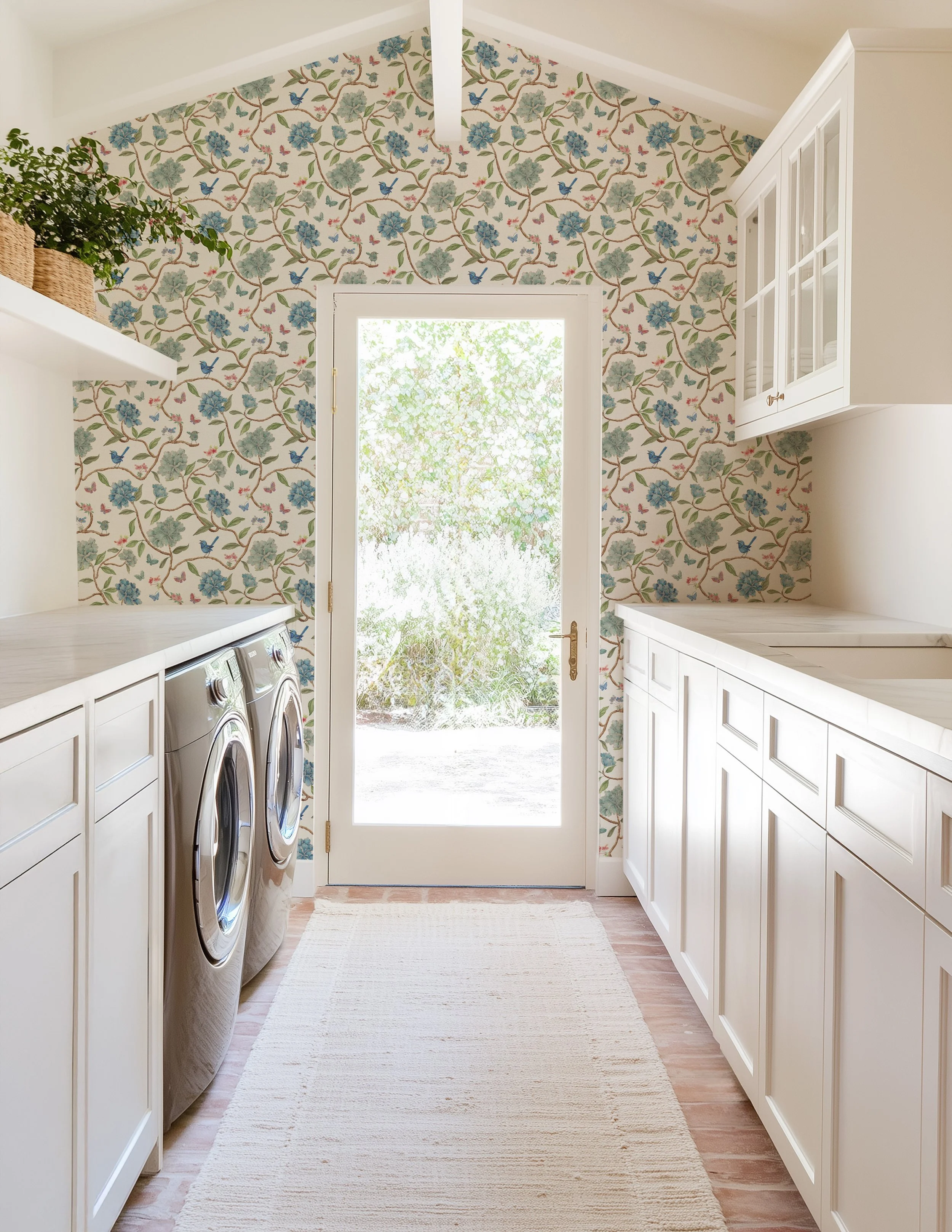 Chinoiserie Wallpaper: Hand-Painted Birds, Butterflies, Blue & Teal Flowers