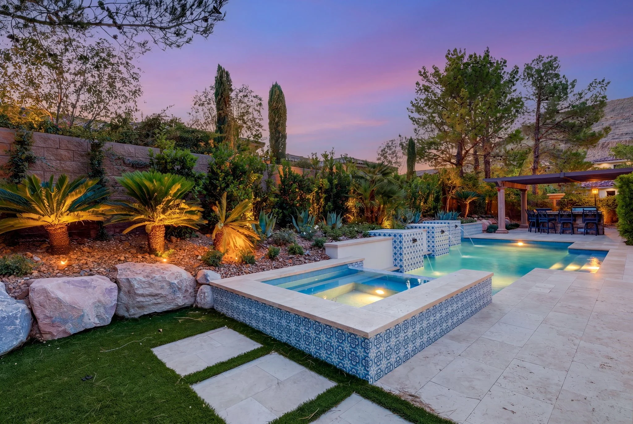 Paved steps, jacuzzi, lighting installation, plants, arborists, landscape design las vegas