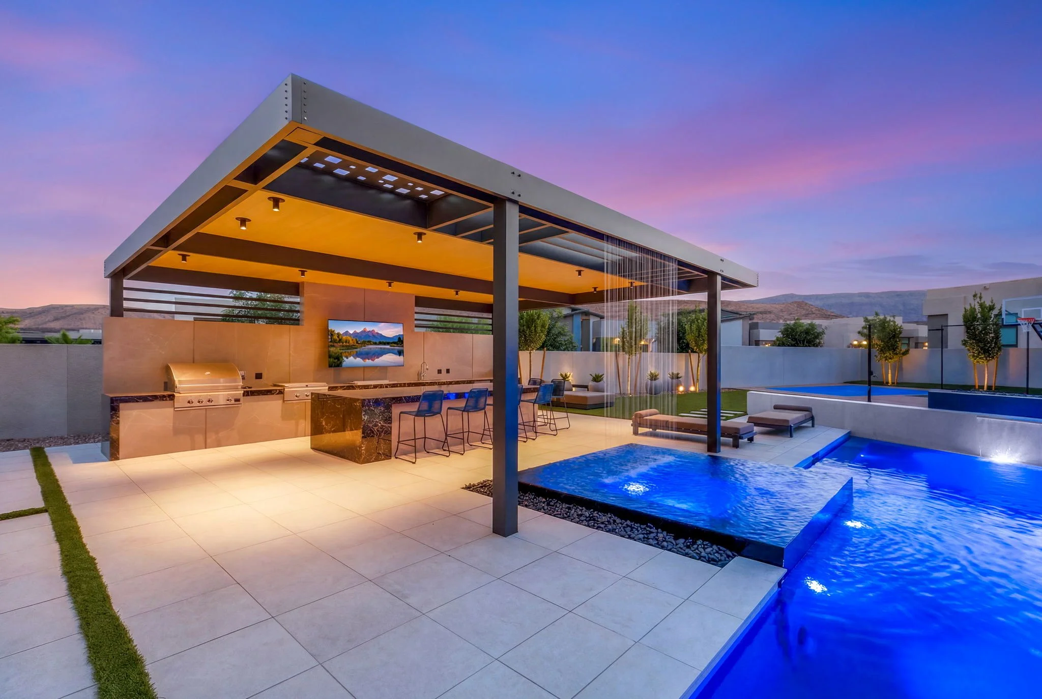 Pool Backyard Landscape Design with Patio BBQ and water features