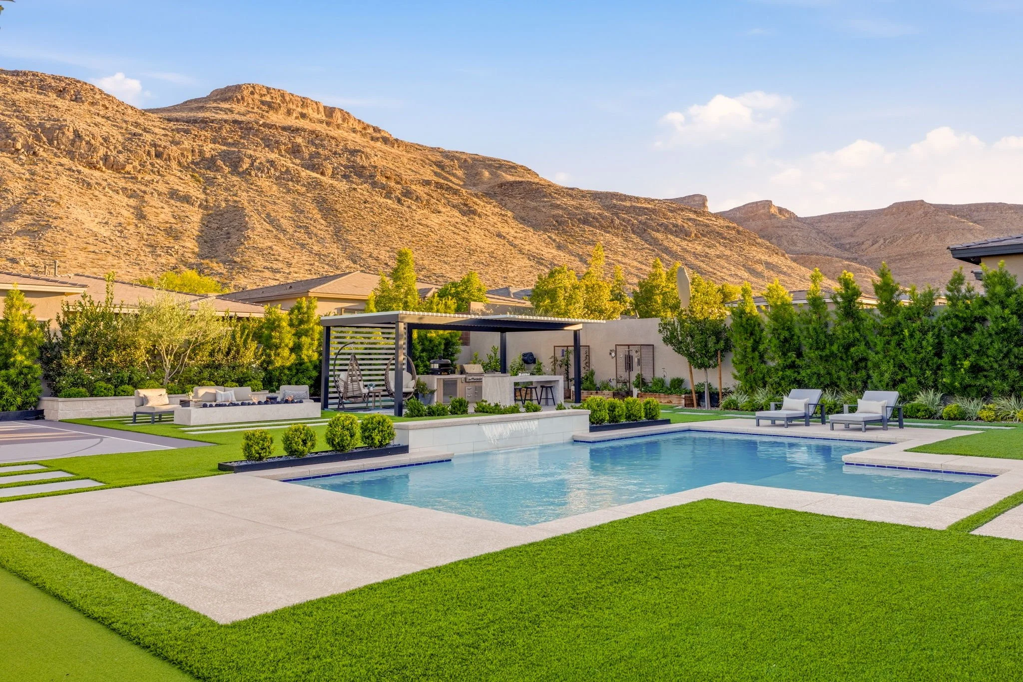 Las Vegas Luxury Landscape Design Pool Installation Turf, BBQ