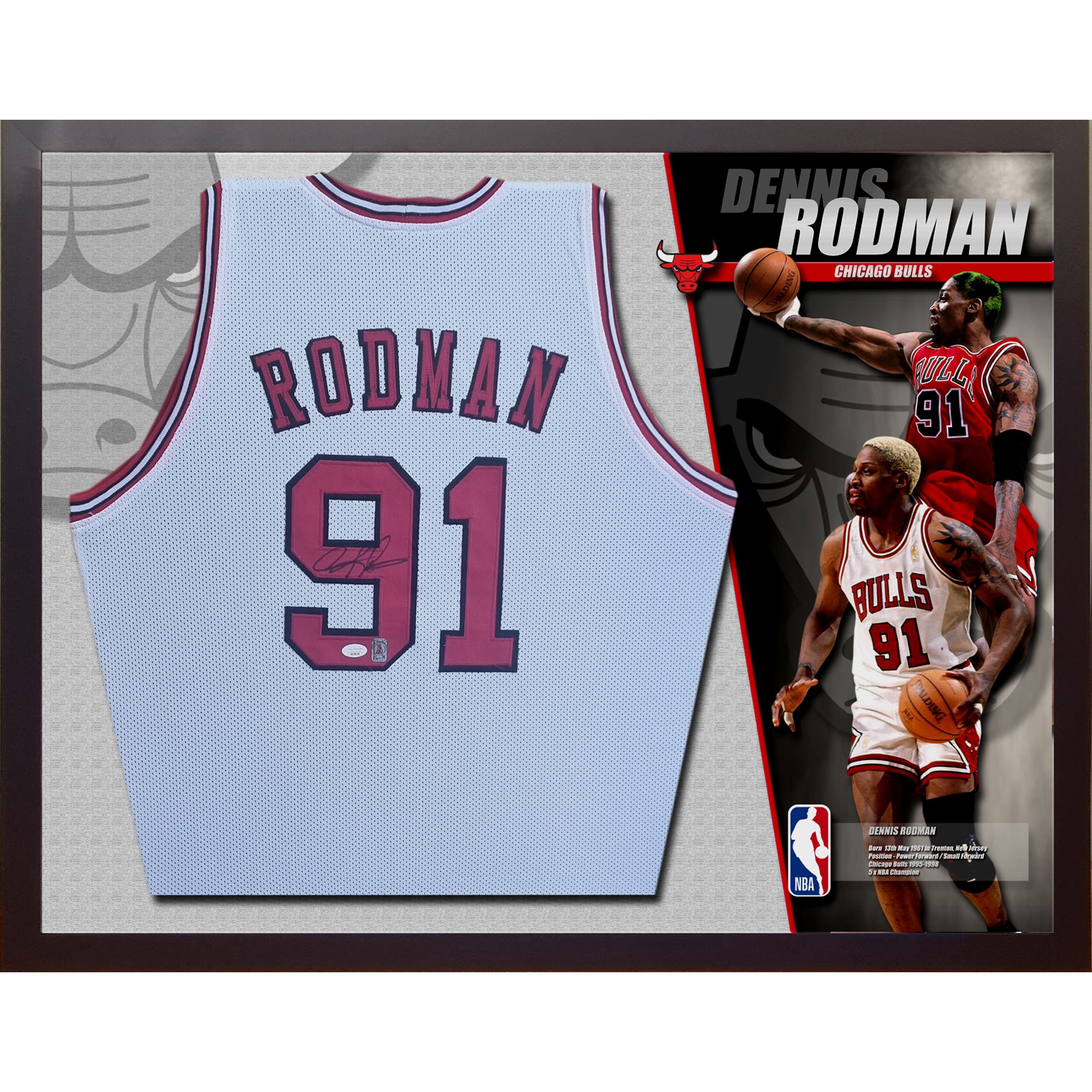 Dennis RODMAN Chicago Bulls Signed & Framed White Jersey (James Spence JSA)