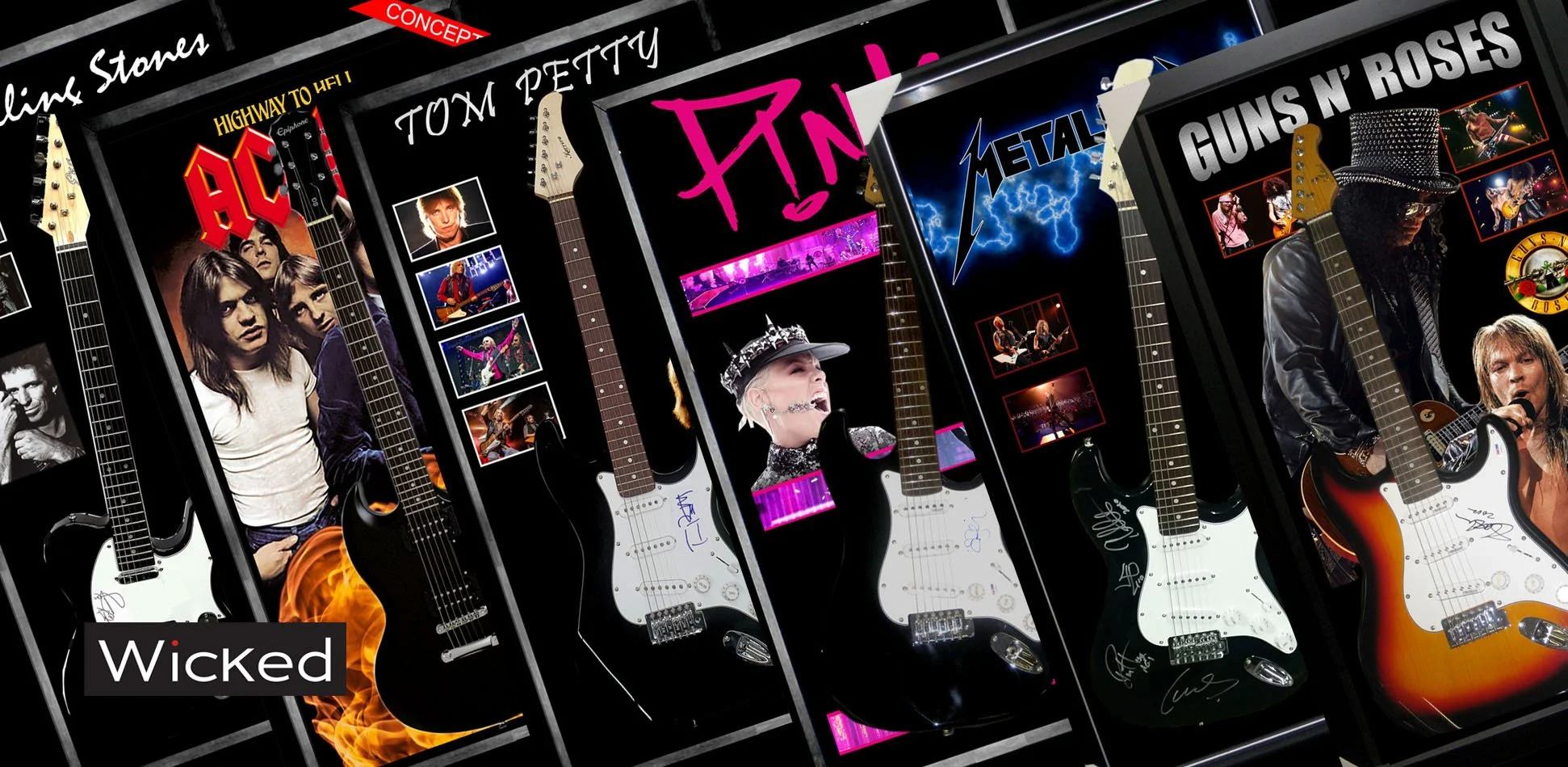 Multiple black and colored posters of famous rock bands and artists, featuring electric guitars and images of band members performing.