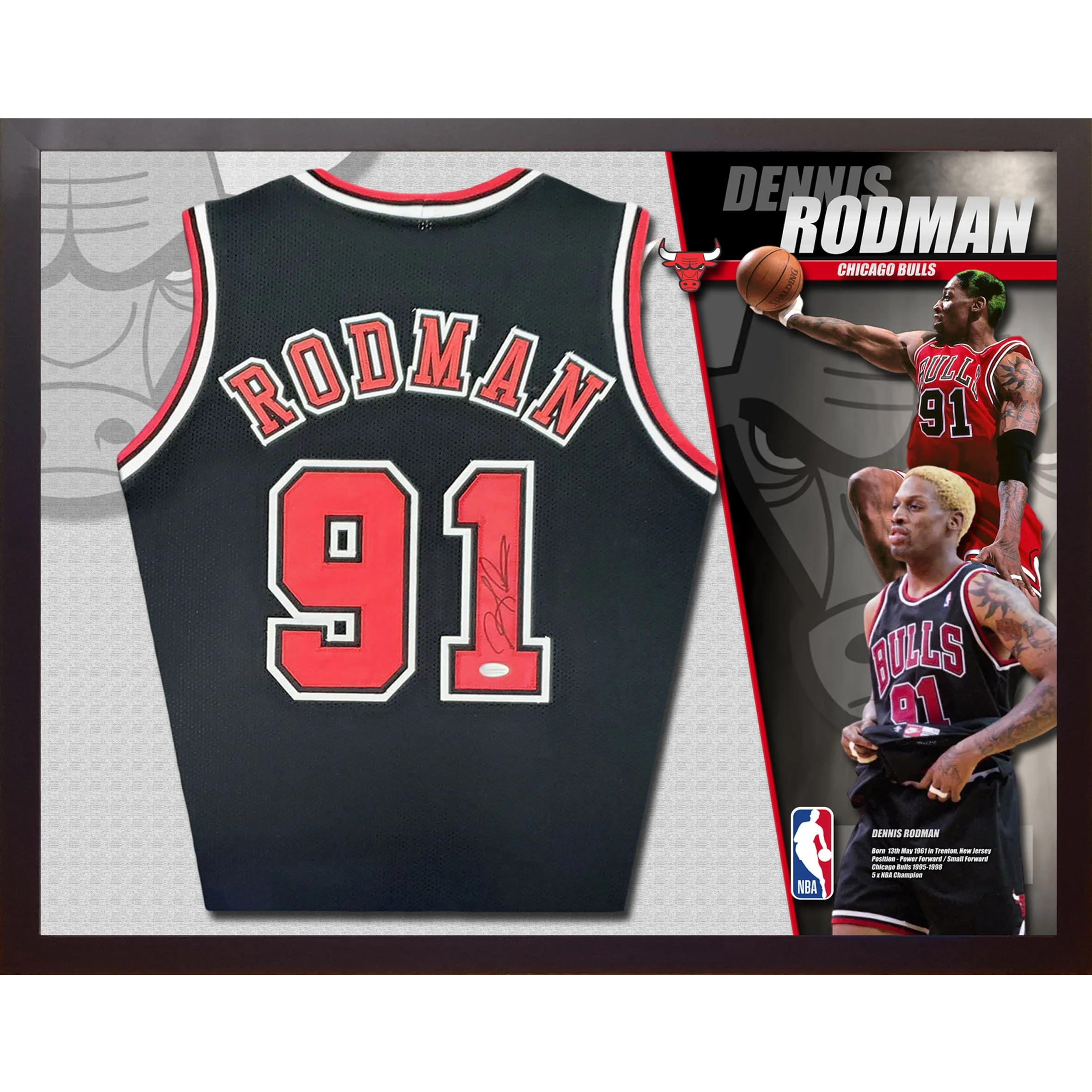 Dennis RODMAN Chicago Bulls Signed & Framed Black Jersey (James Spence JSA)
