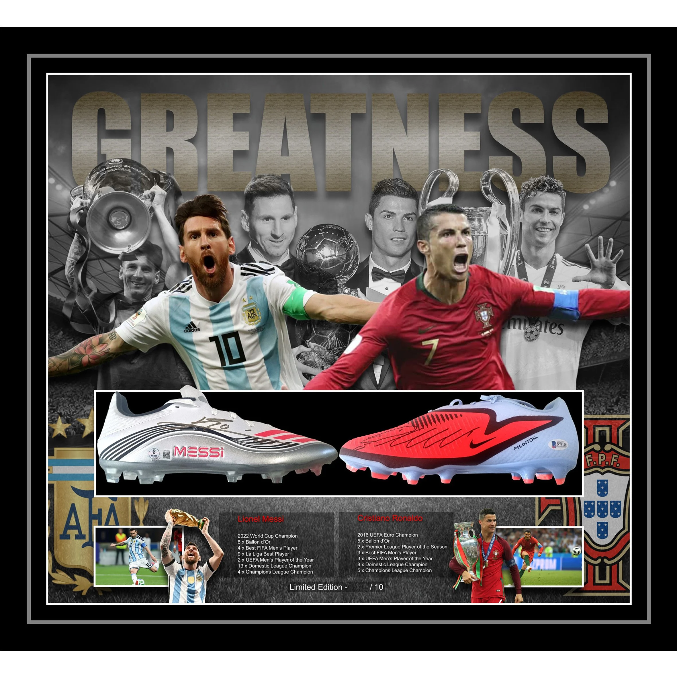 'Greatness' Messi & Ronaldo Dual Signed & Framed Football Boots Ltd Ed (Beckett)