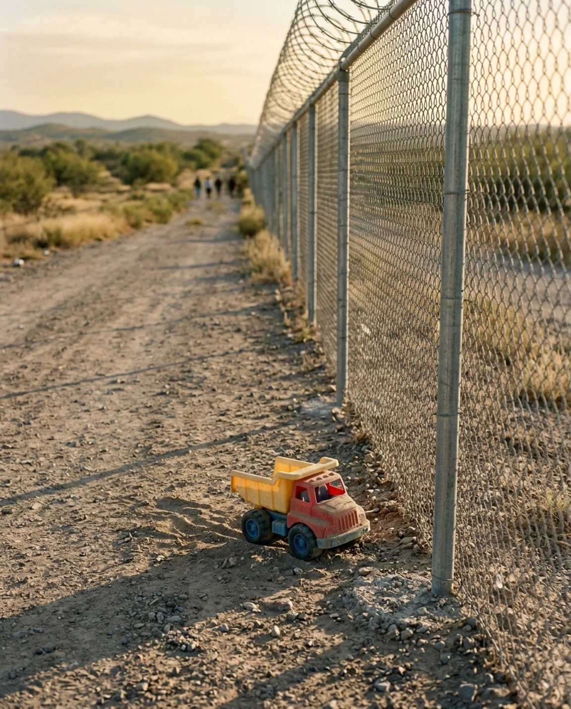 high fence, maybe around a detention center, with child's toy truck on the outside of the fence.
