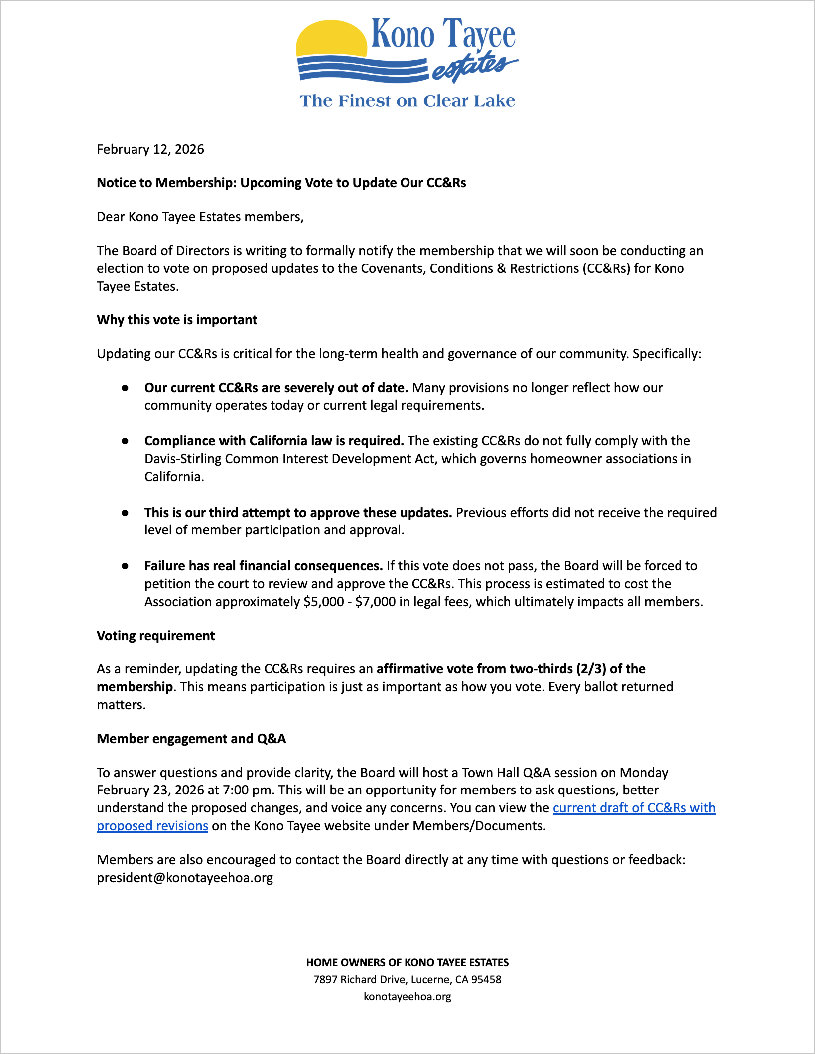Board Letter Upcoming CC&amp;R Amendment Election