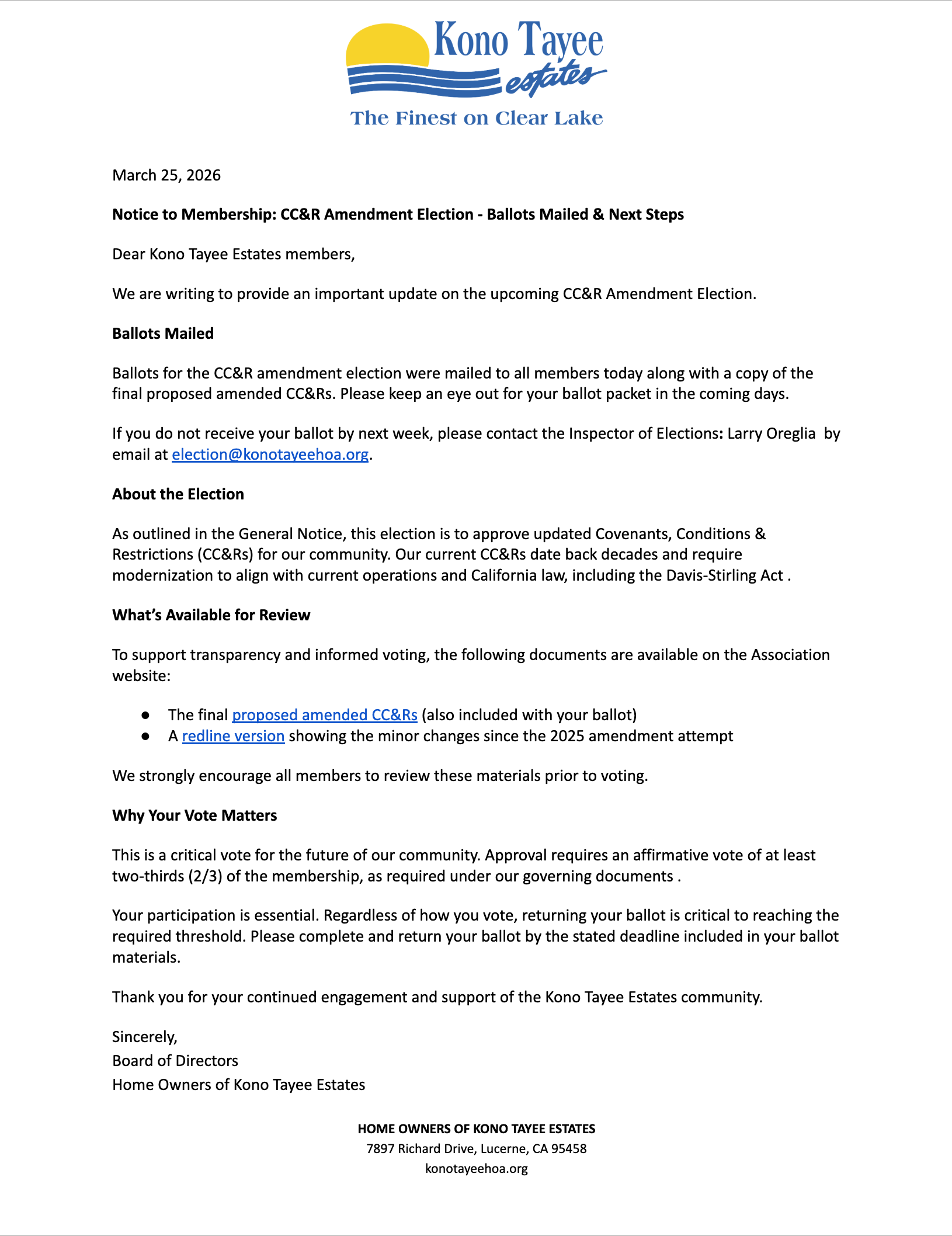CC&amp;R Amendment Election - Ballots Mailed &amp; Next Steps