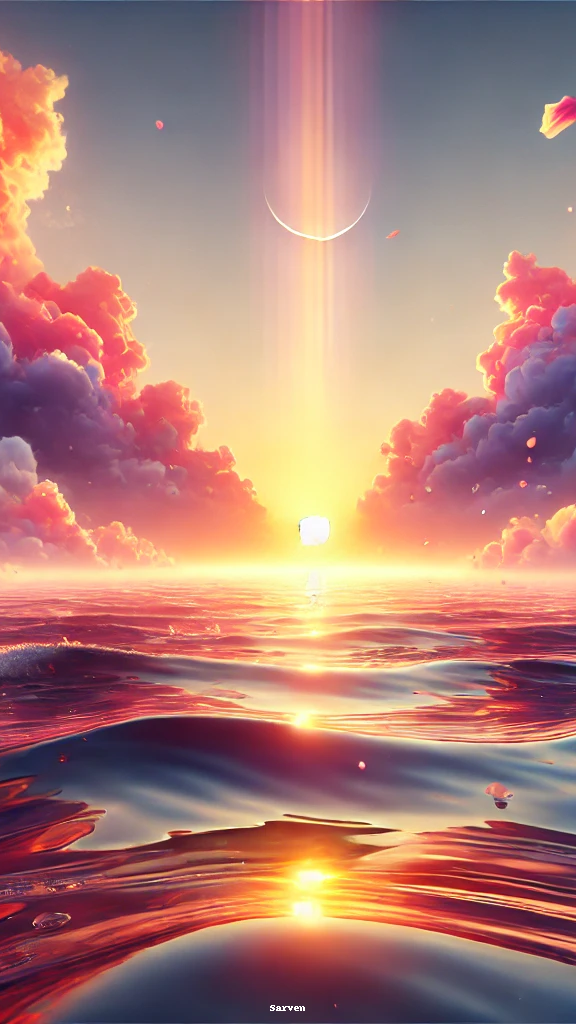 Colorful sunset over ocean with crescent moon and clouds