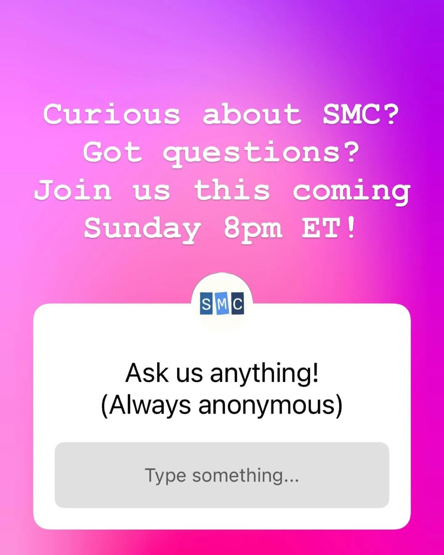 Ask us anything! We&rsquo;re here to answer questions about SMC, community, sobriety, recovery&hellip; you name it. DM us your questions and join us on Sunday 10/5/25 8pm ET for the answers. Link in bio for Sunday Speaker Series with SMC