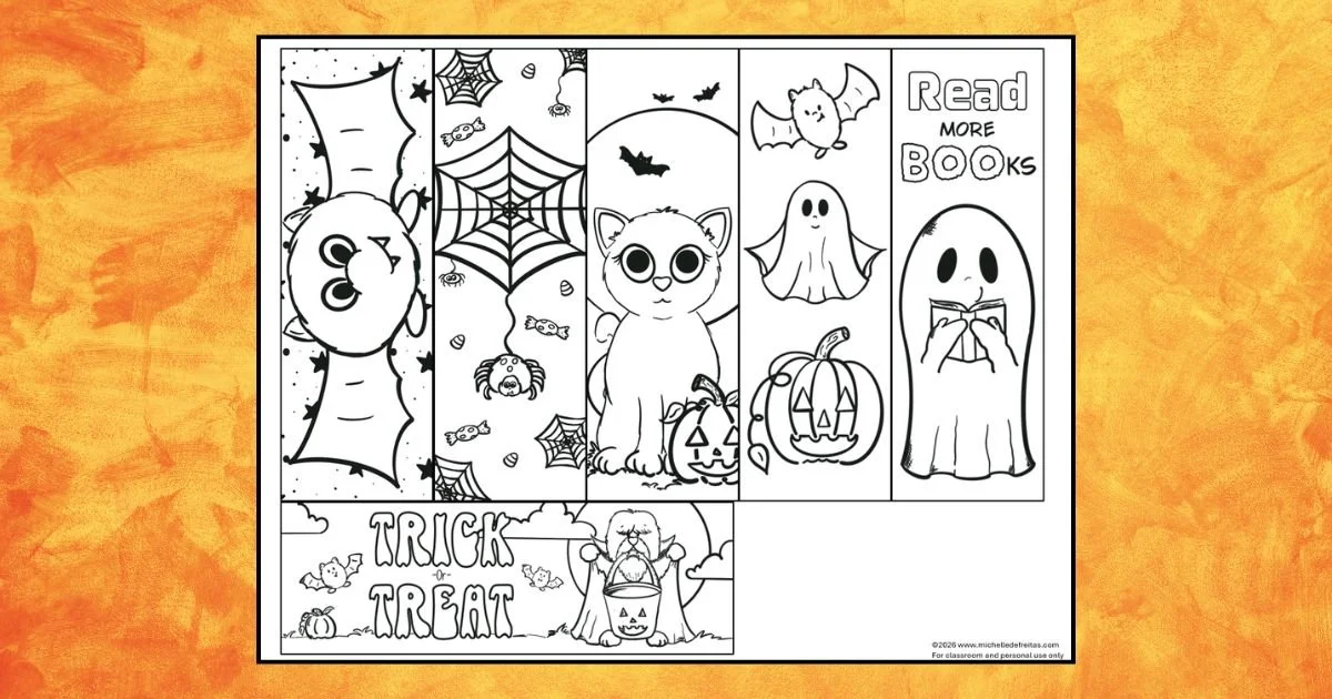 image of free halloween printable bookmarks of a bat, a cat, ghosts, candy, a vampire dog, pumpkins and spiders