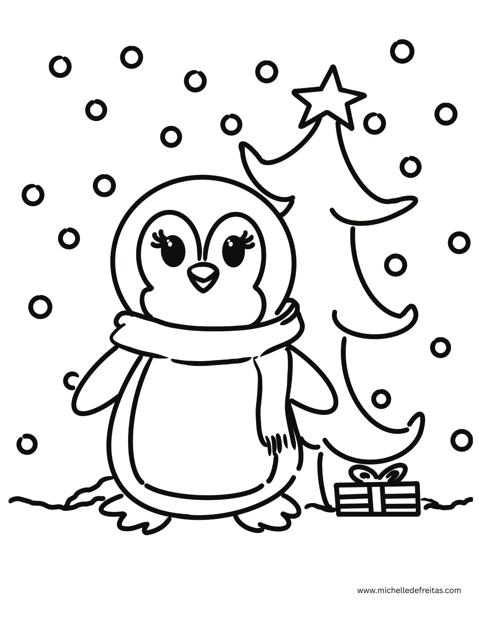 black and white penguin with a scarf standing in front of a christmas tree with snow and a gift in the background