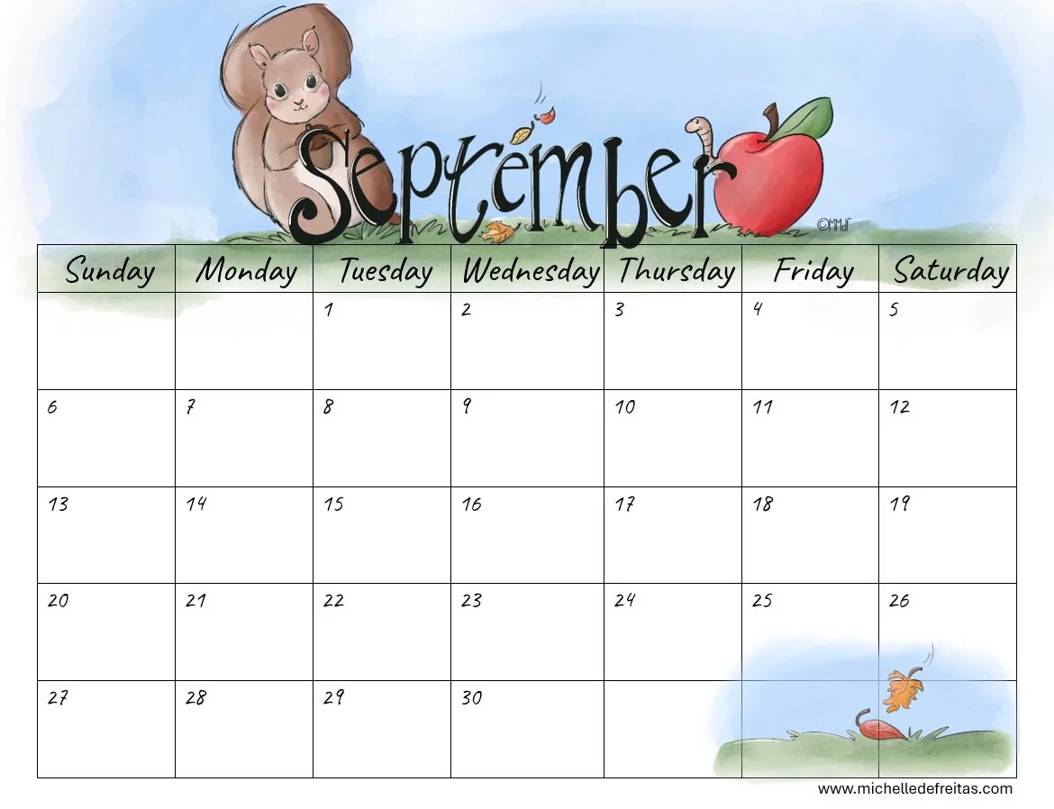 september 2026 calendar featuring a watercolor squirrel and a worm in an apple with fall leaves
