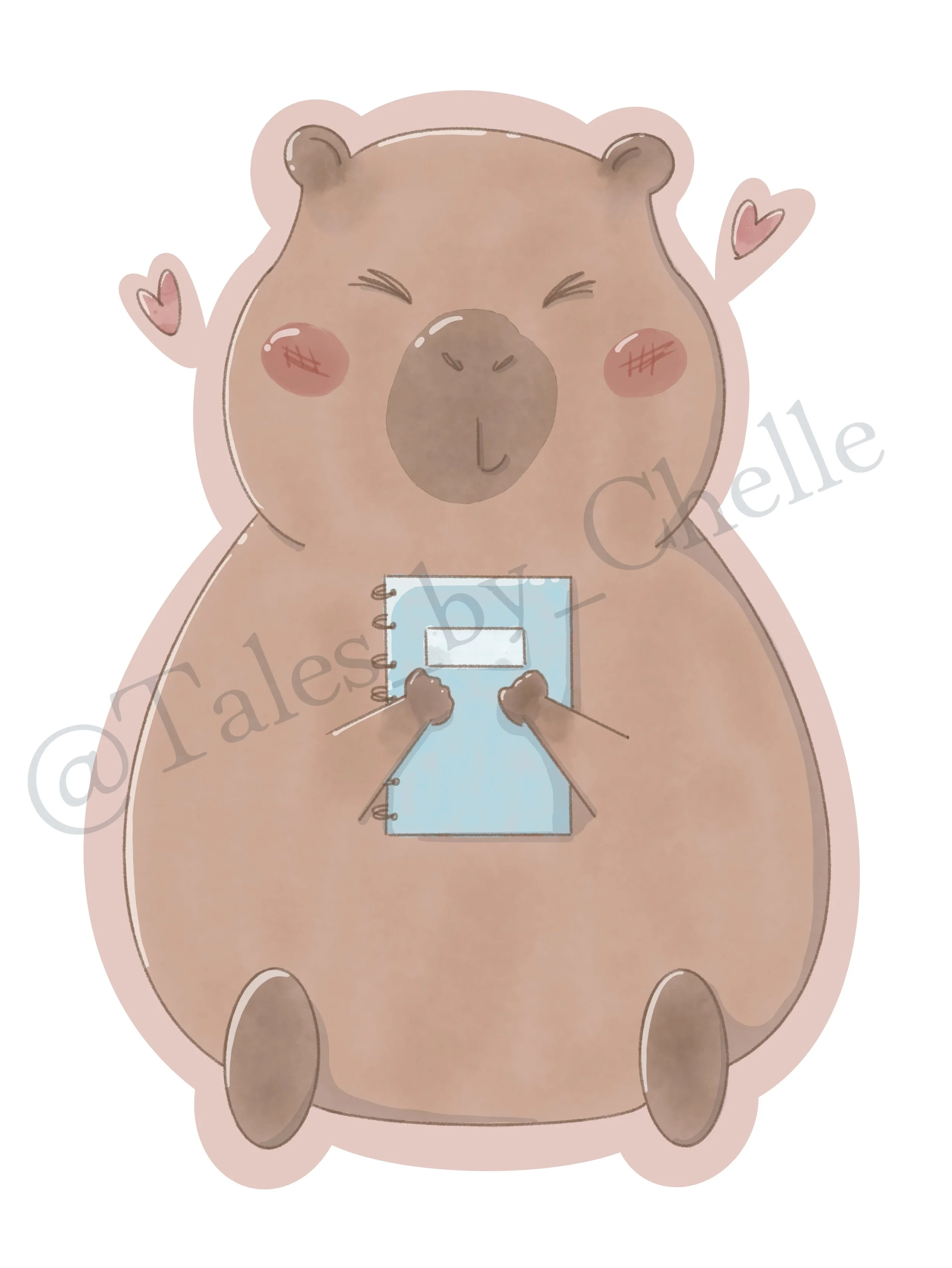 Cute watercolor capybara with blue notebook and hearts