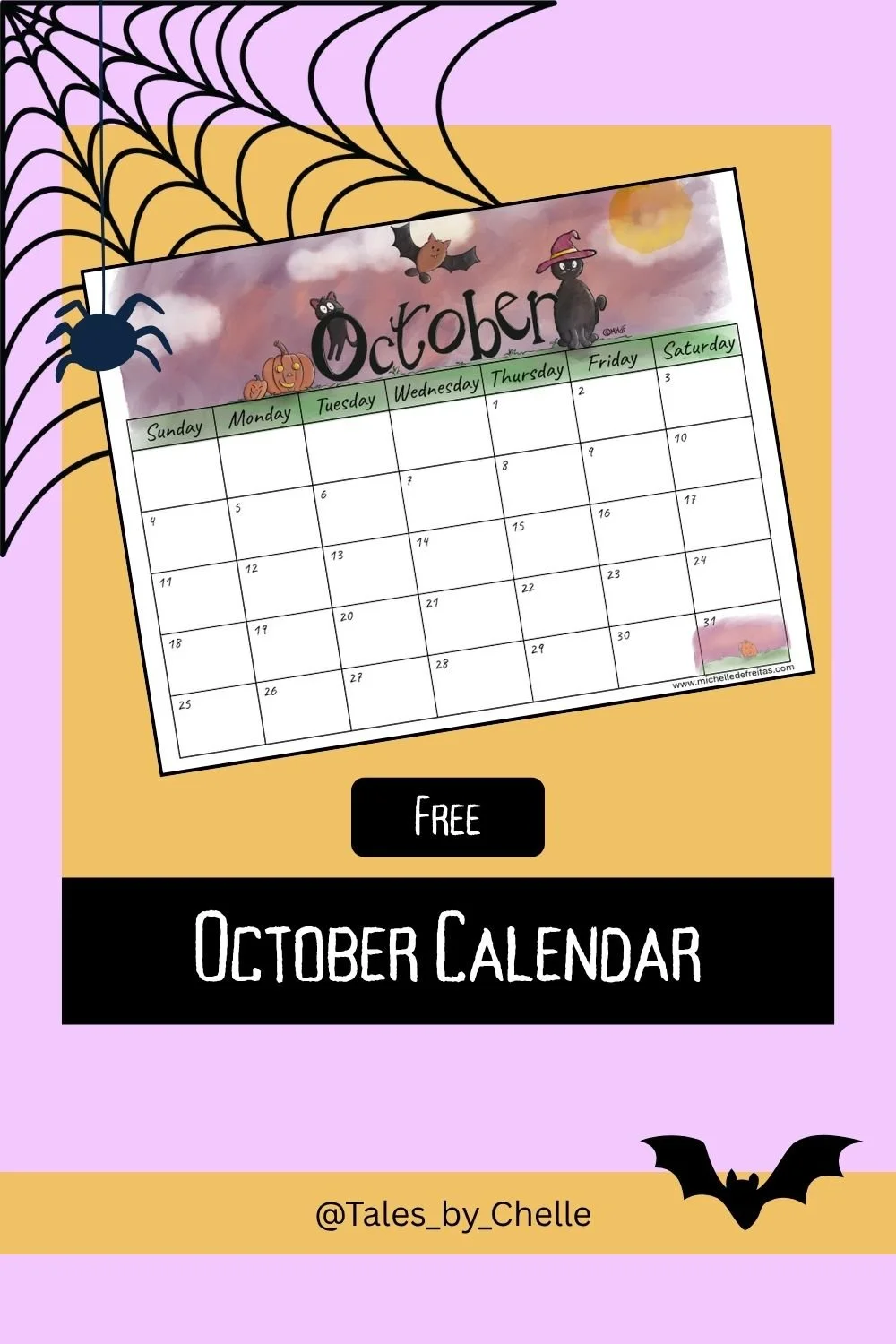 Cute Printable October 2026 Calendar: Halloween Black Cats and a Friendly Bat