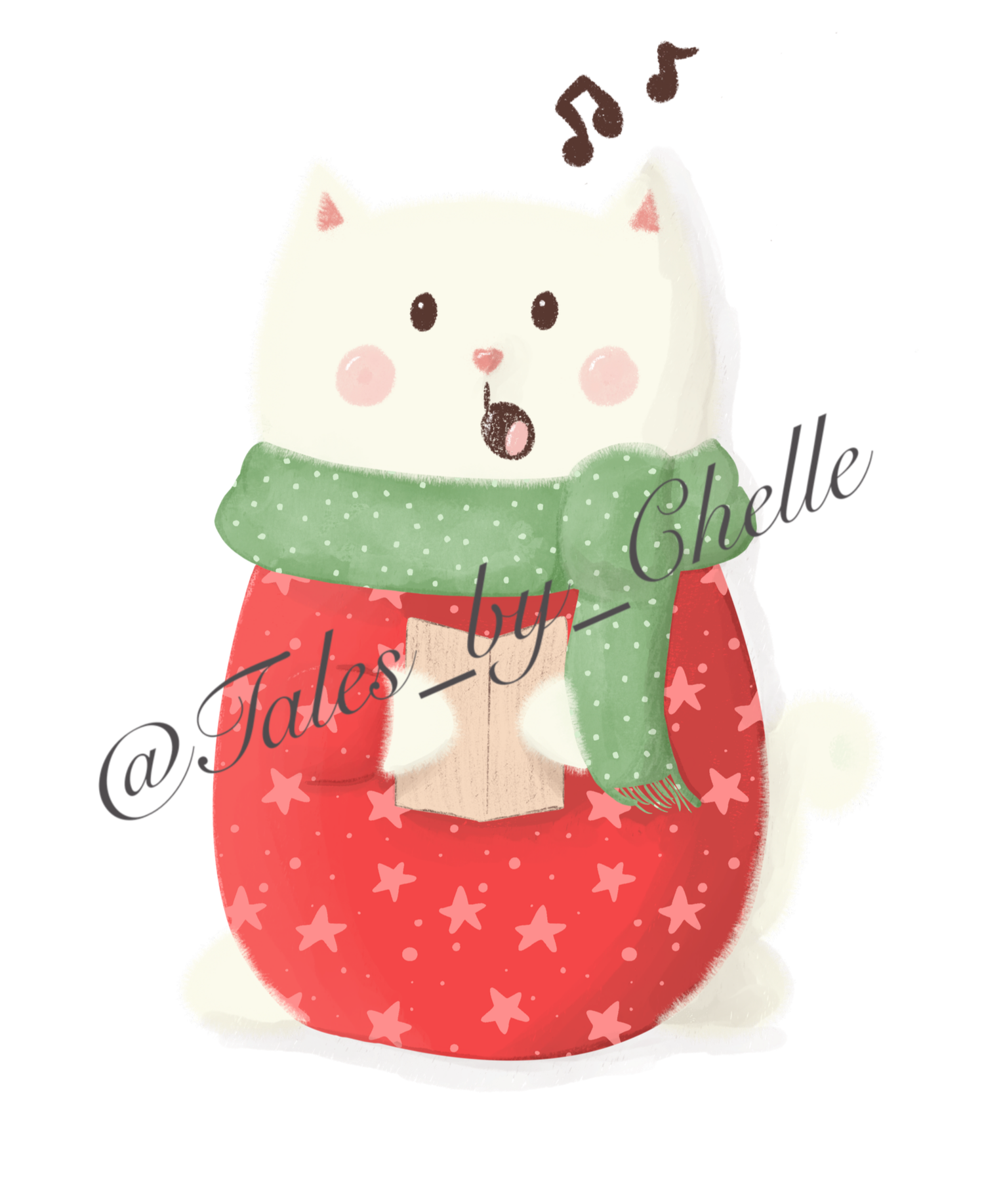 a round white cat in a red jumper and green scarf singing christmas carols