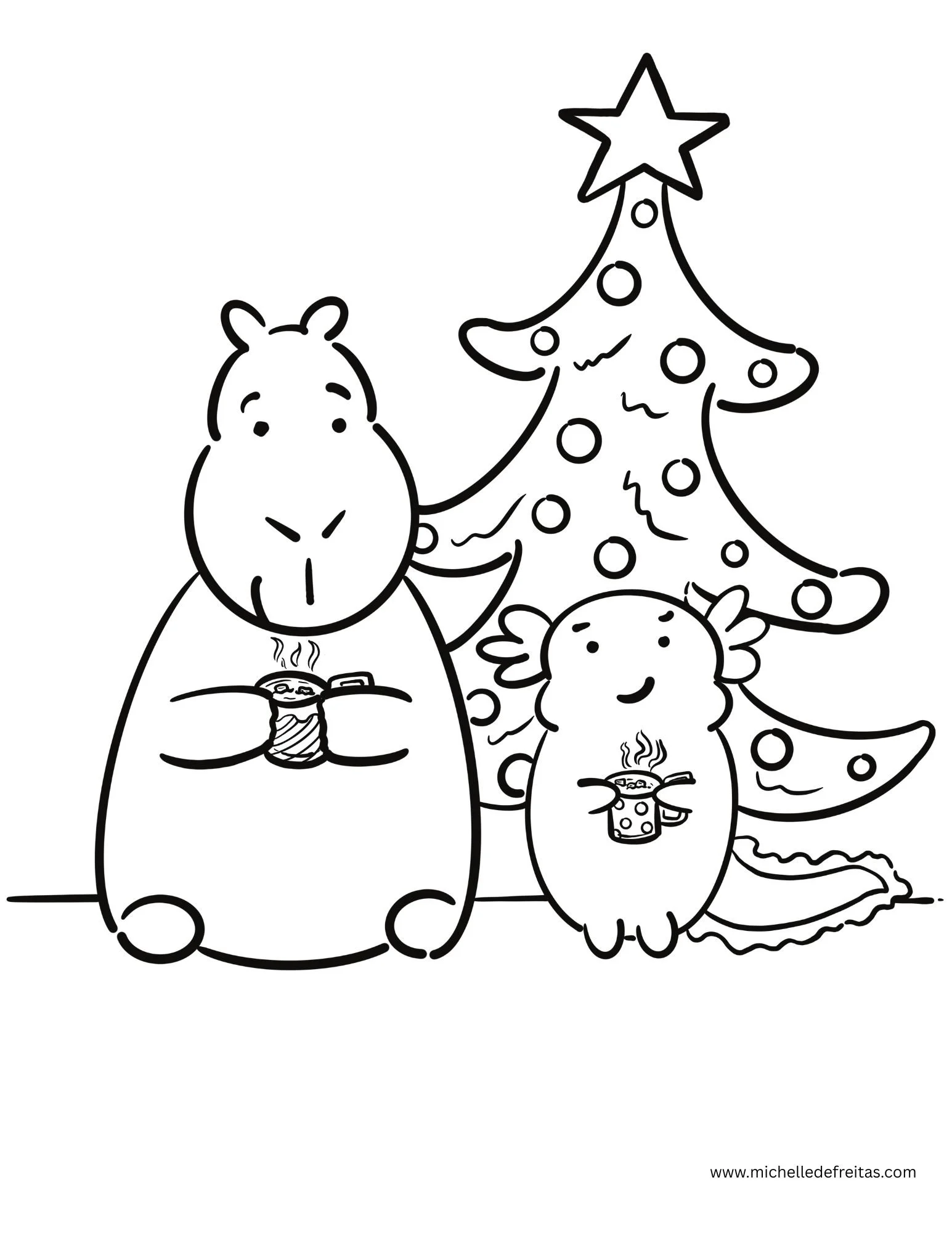 a black and white capybara and axolotl drinking hot cocoa in front of a christmas tree