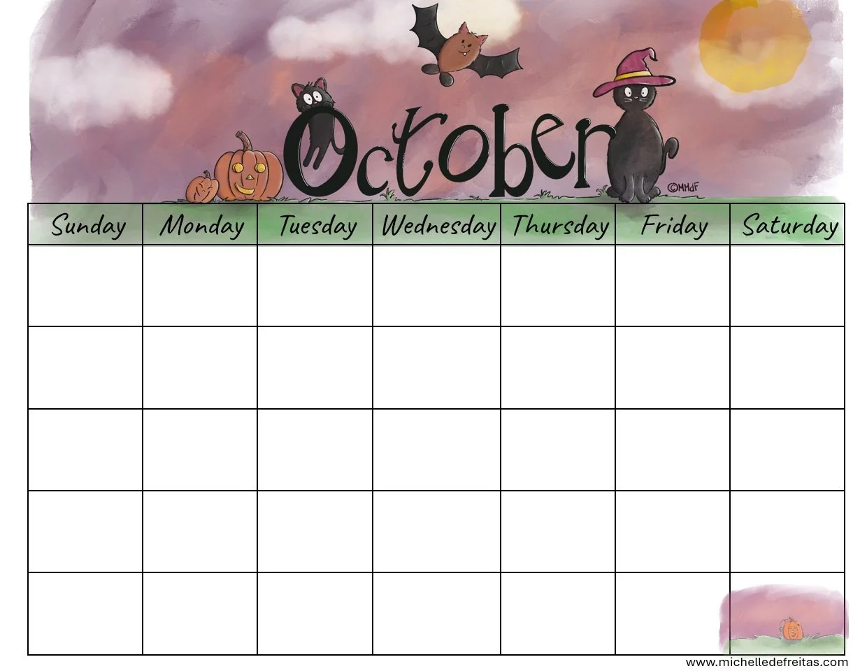 October calendar with Halloween-themed illustrations, including a black cat, a pumpkin, a bat, a witch cat with a hat, and a small pumpkin, against a cloudy purple sky with a setting sun.