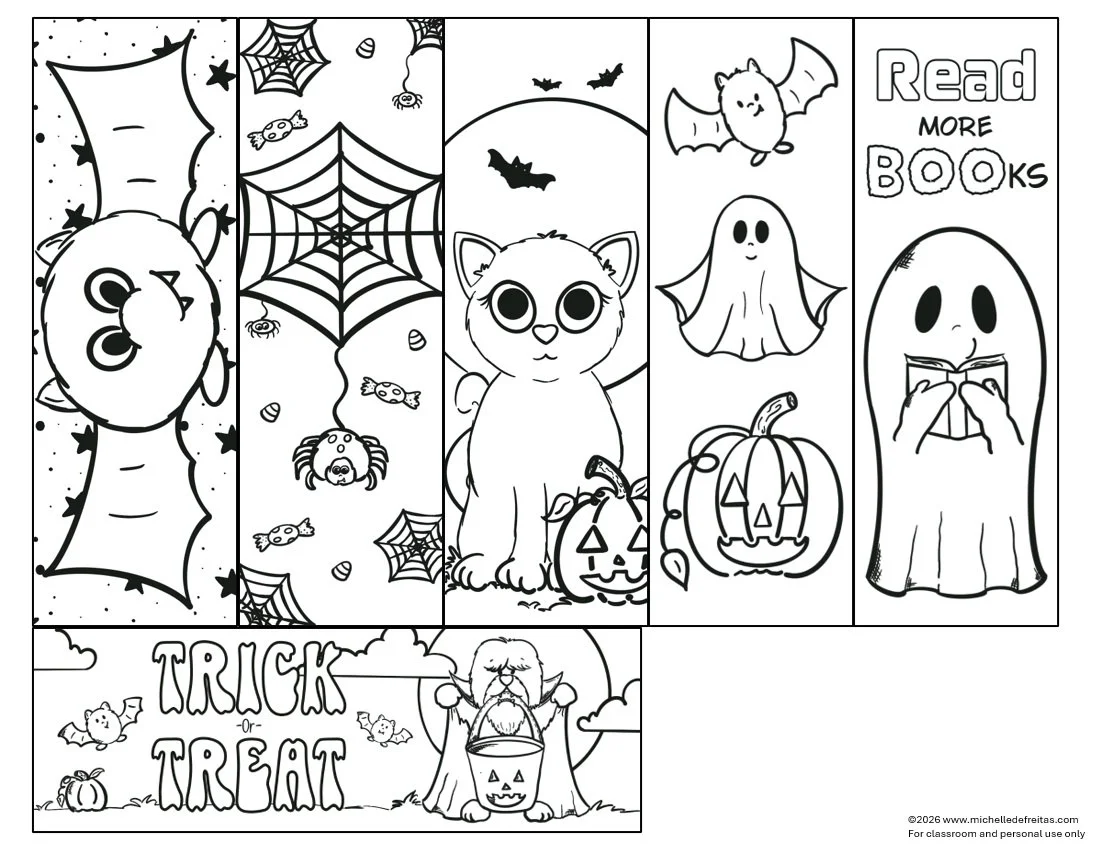 Coloring page featuring various Halloween themes, including a ghost with a pumpkin, a cute bat, a ghost with a pumpkin, a Halloween-themed cat, a spider and webs, bats flying, a Frankenstein monster holding a pumpkin, and text that says 'Read more books'.