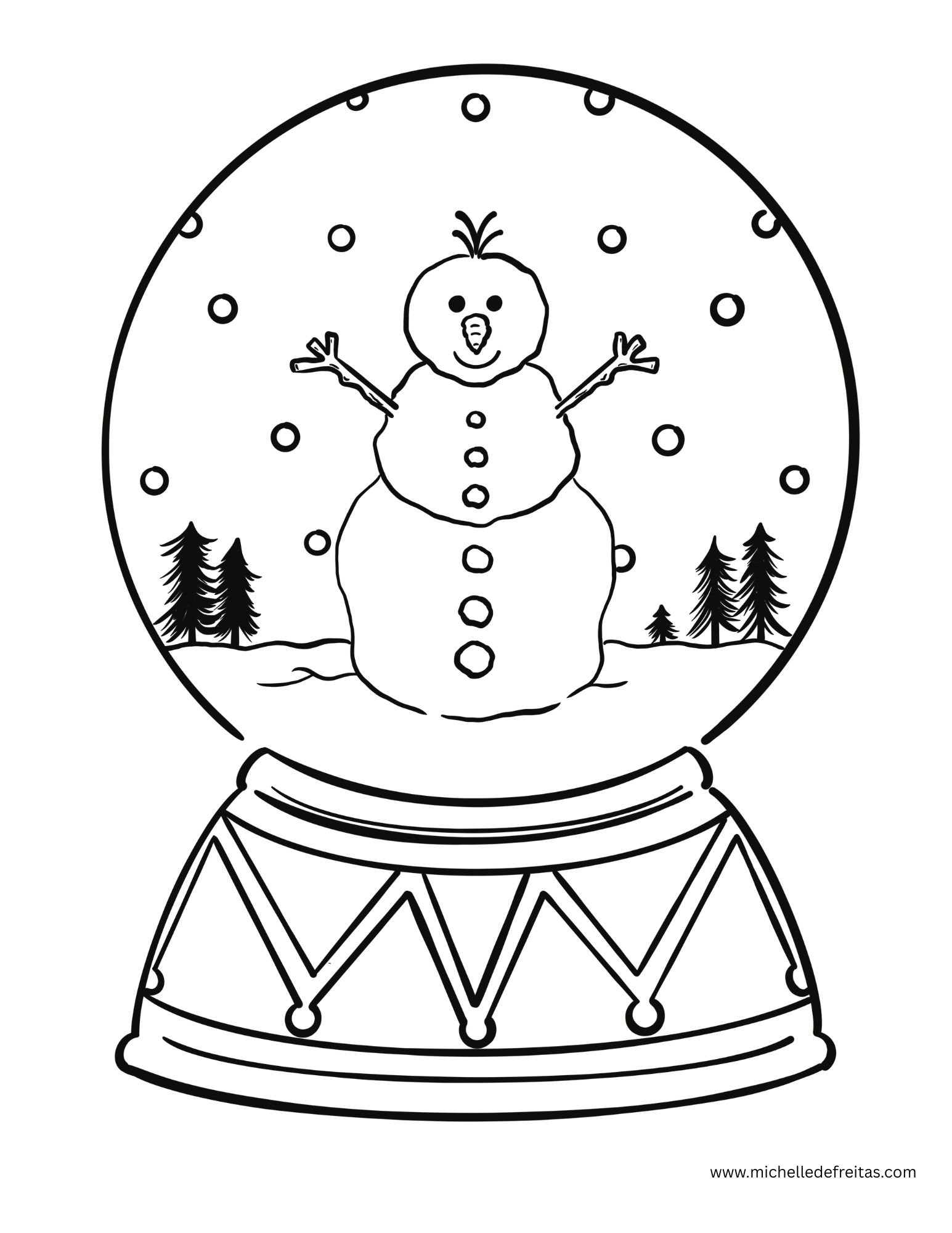 A snow globe featuring a smiling snowman with stick arms, a carrot nose, two buttons, and a small tuft of hair, surrounded by falling snow and pine trees outside.