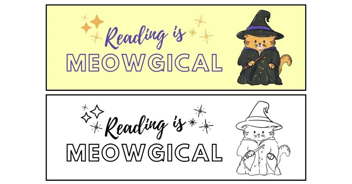 Two coloring pages with the phrase "Reading is MEOWGICAL." The top page features a colored cartoon kitten dressed as a wizard with a broom, and the bottom page is a black-and-white outline of the same kitten in wizard attire.
