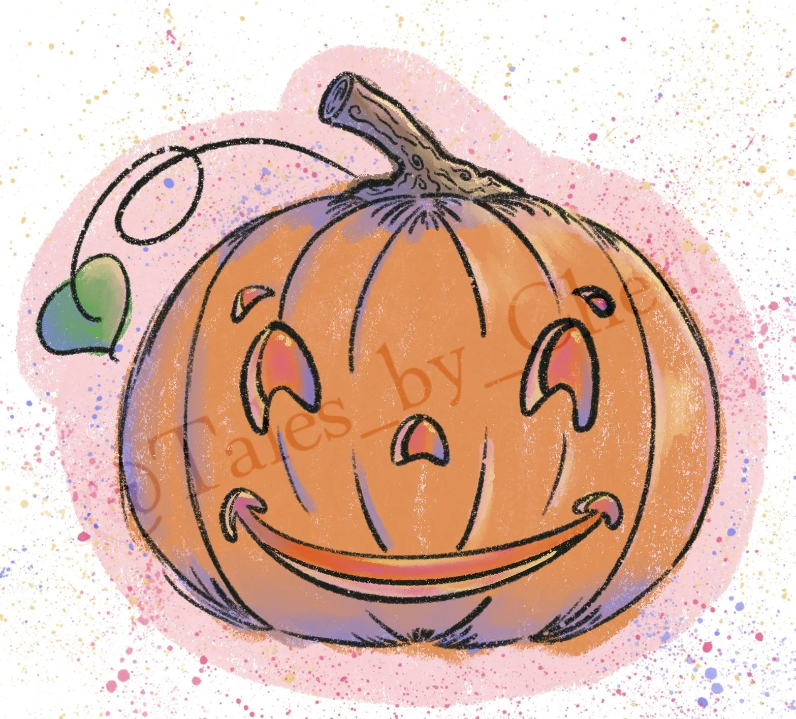 A digitally illustrated orange pumpkin with a carved face, a curled stem, and a green leaf on the left side, surrounded by pink and purple splashes of paint.