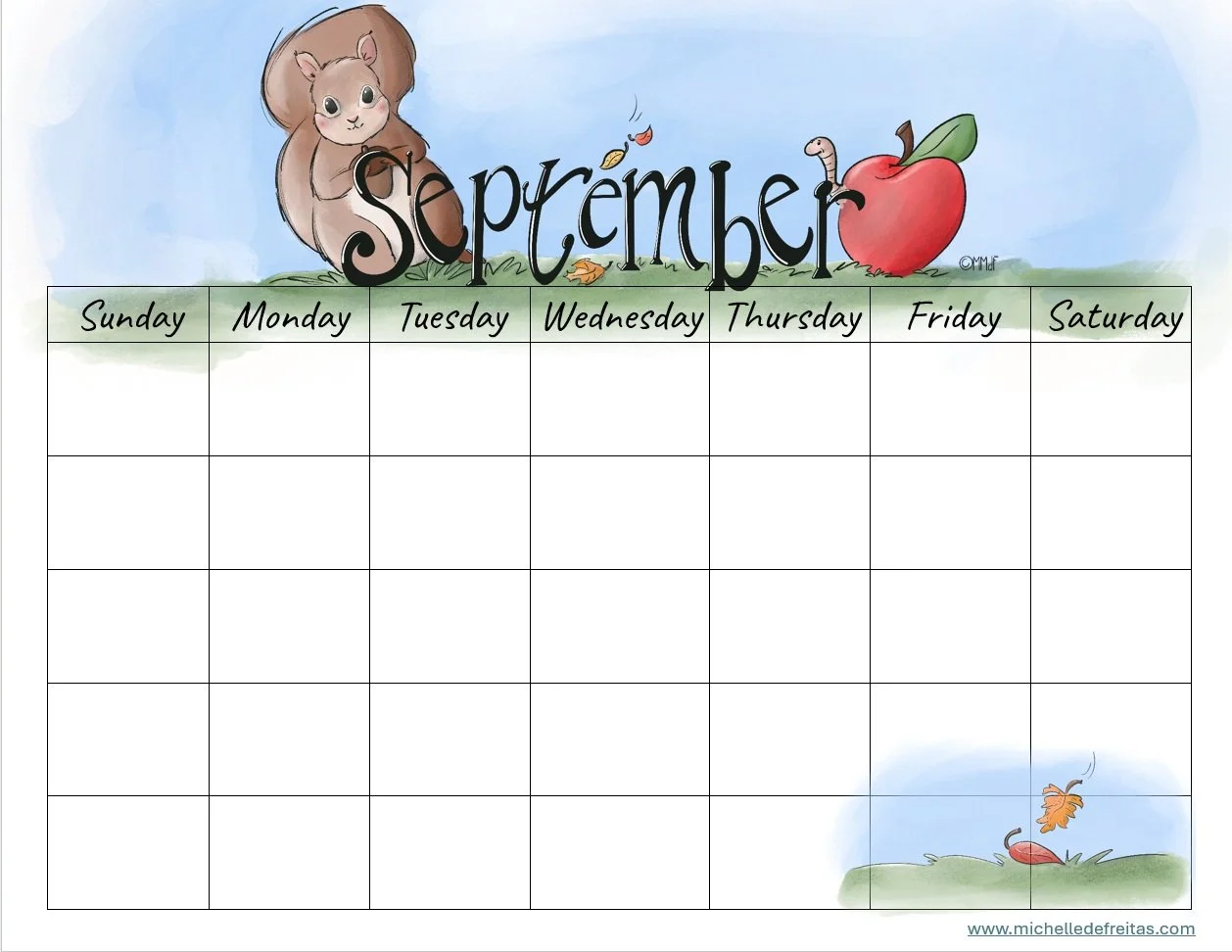 A September calendar page with a cartoon squirrel and an apple on a grassy background, featuring falling leaves.