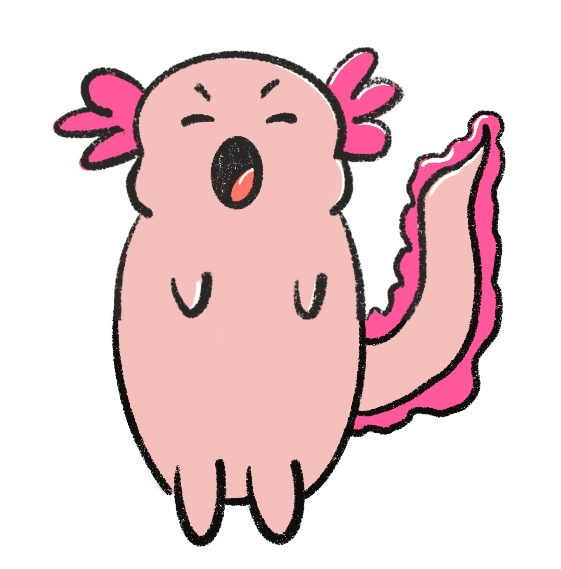 A cute, cartoon-style axolotl, a big open mouth, small arms, and a long tail with a pink ruffle.